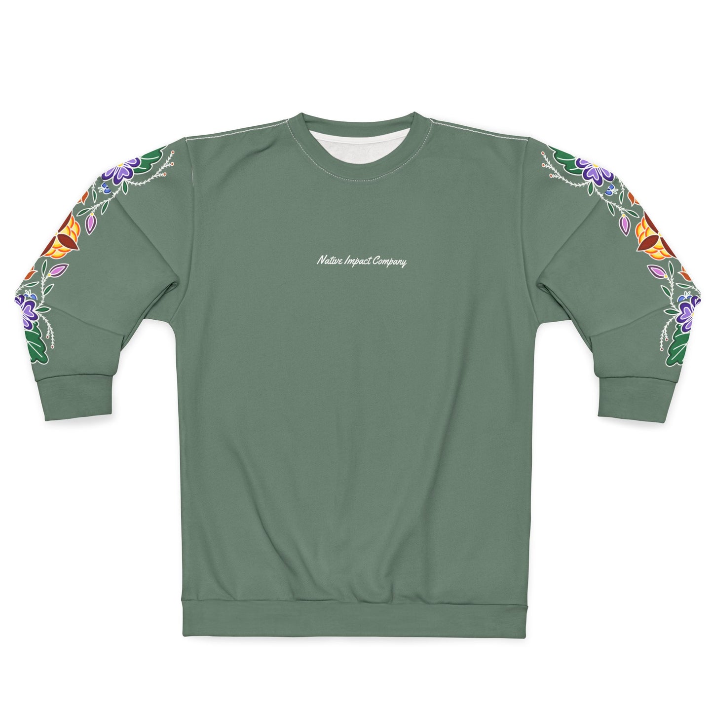 Niibin (Summer) Inspired Woodland Ojibwe Floral  Sleeve Design - Unisex Sweatshirt - Sage Green