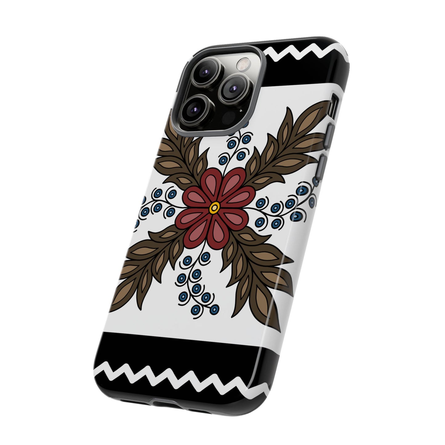 Traditional Style Ojibwe Floral Design With Zig-Zag Geometric Border Design - Tough Phone Cases - Black