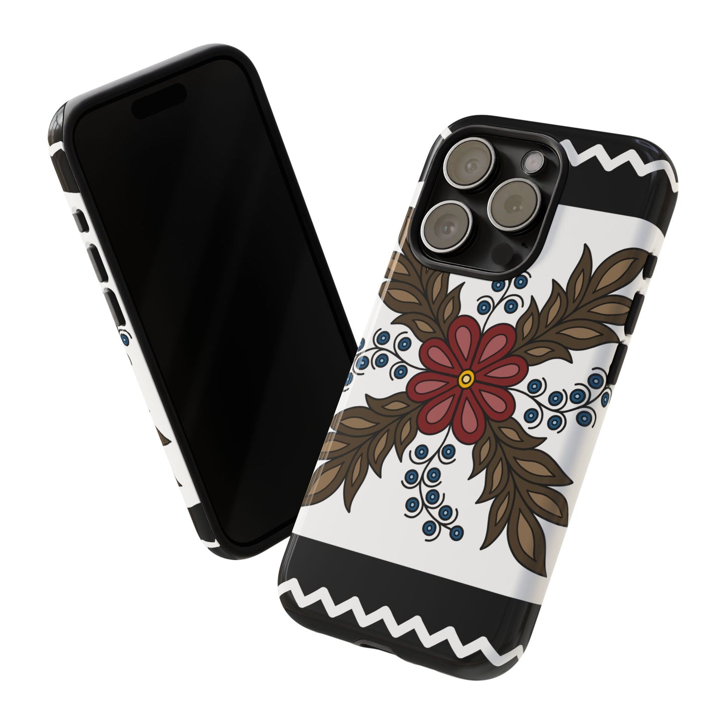 Traditional Style Ojibwe Floral Design With Zig-Zag Geometric Border Design - Tough Phone Cases - Black