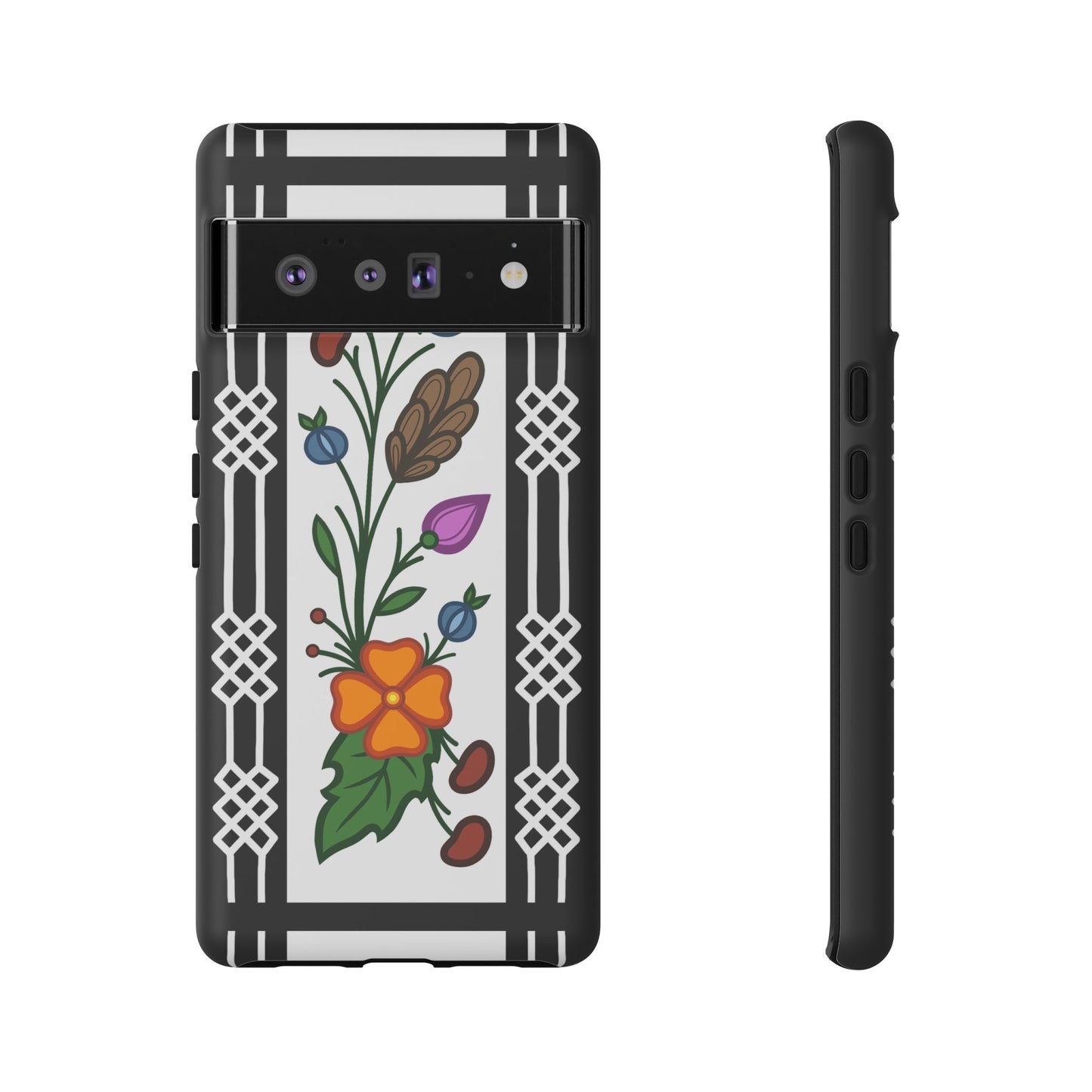 Ojibwe Floral Panel & Otter Track Geometric Border - Tough Phone Cases - Black