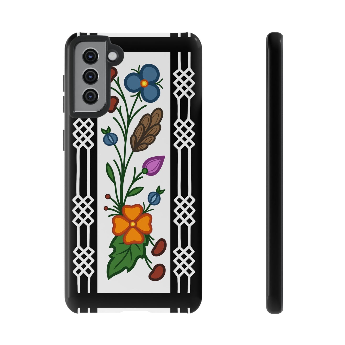 Ojibwe Floral Panel & Otter Track Geometric Border - Tough Phone Cases - Black