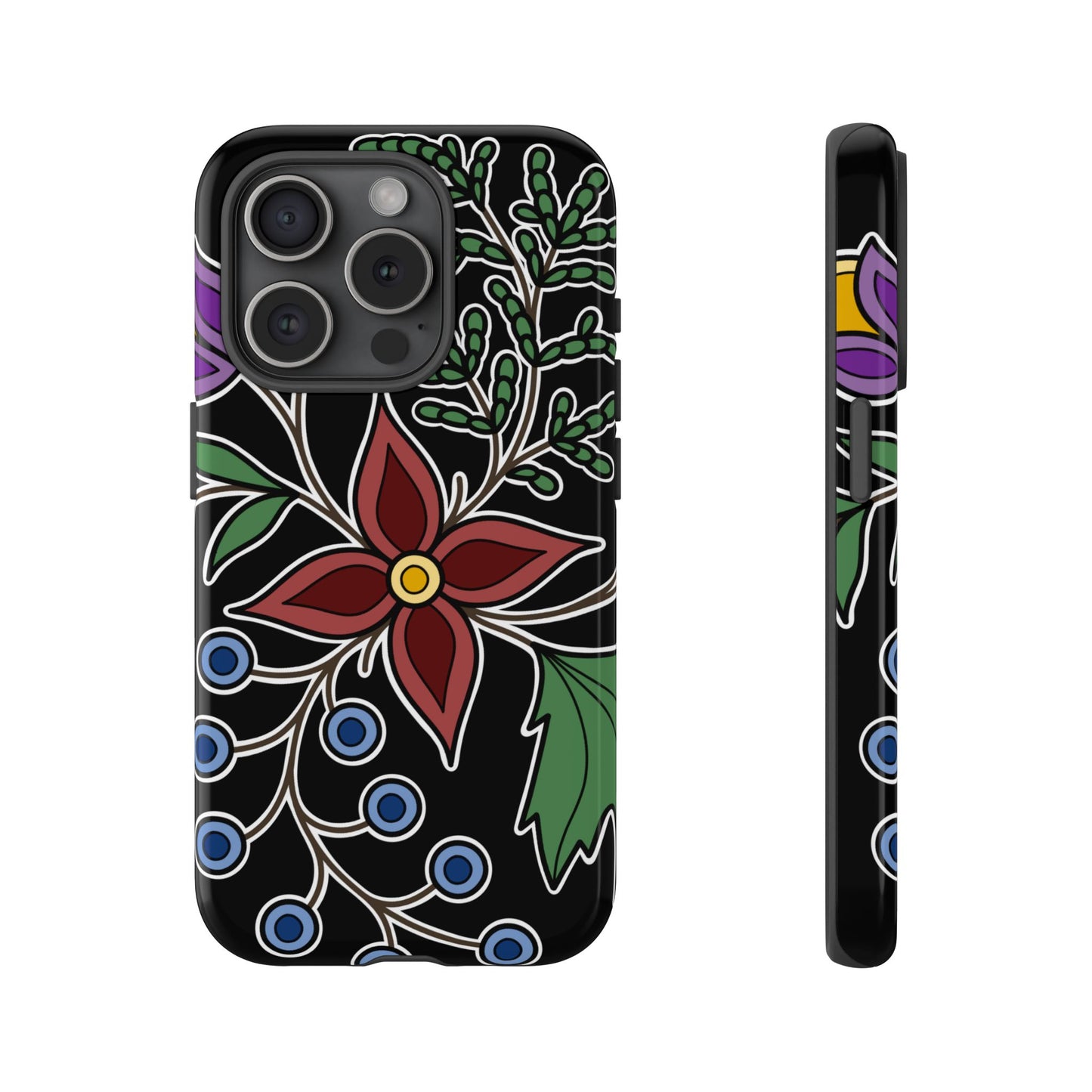 Giizhik (Cedar) & Miinan (Blueberries) Ojibwe Floral Tough Phone Cases - Black