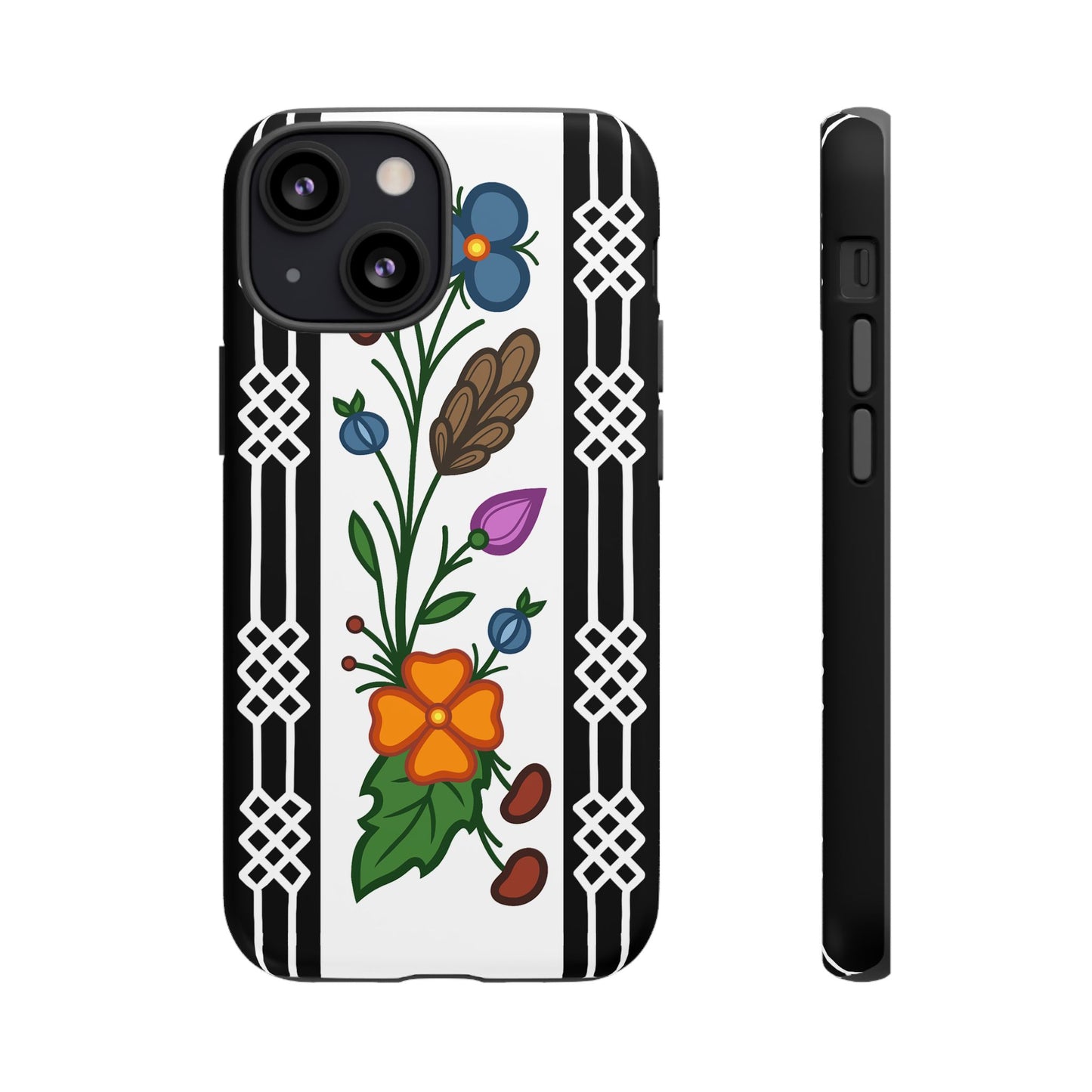 Ojibwe Floral Panel & Otter Track Geometric Border - Tough Phone Cases - Black