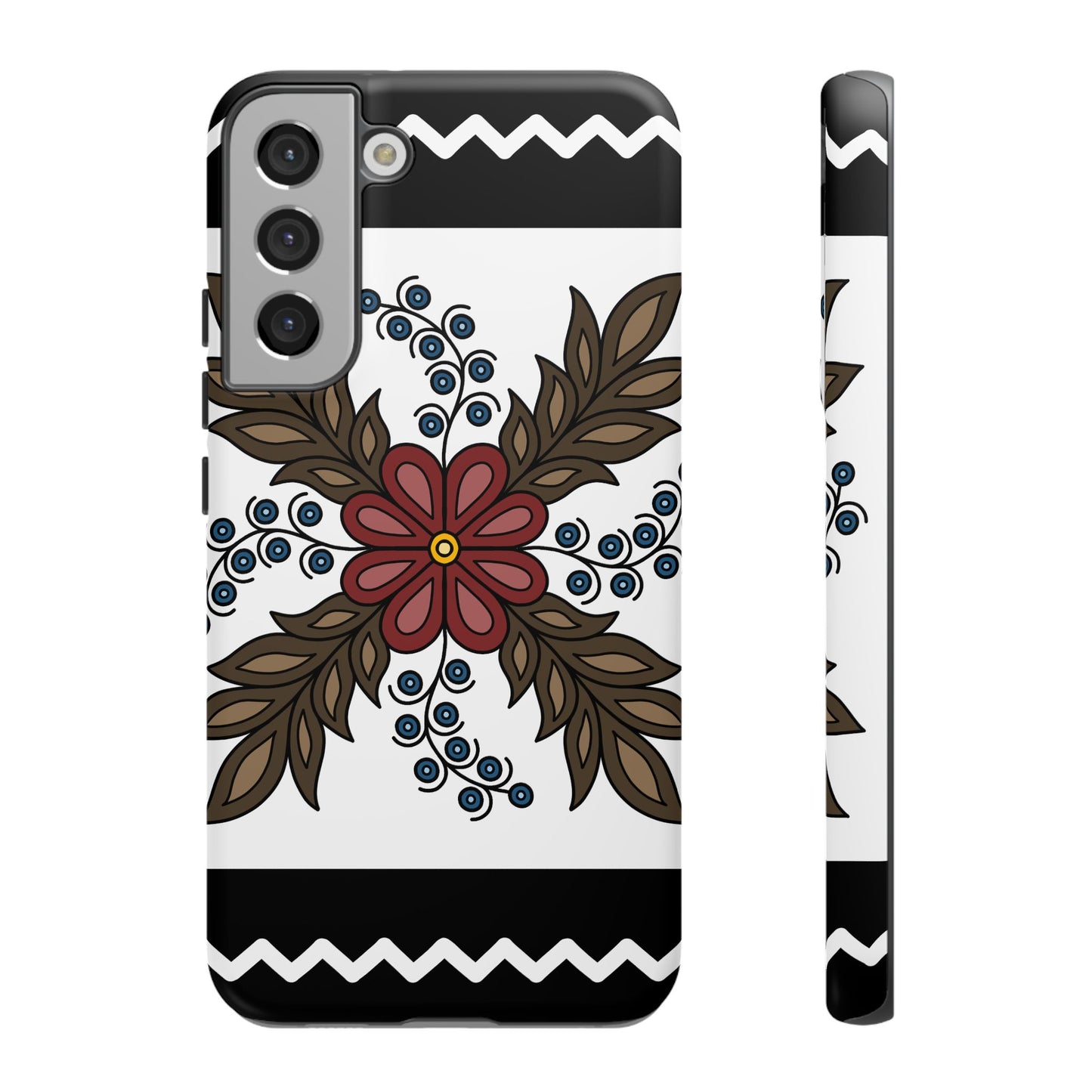 Traditional Style Ojibwe Floral Design With Zig-Zag Geometric Border Design - Tough Phone Cases - Black