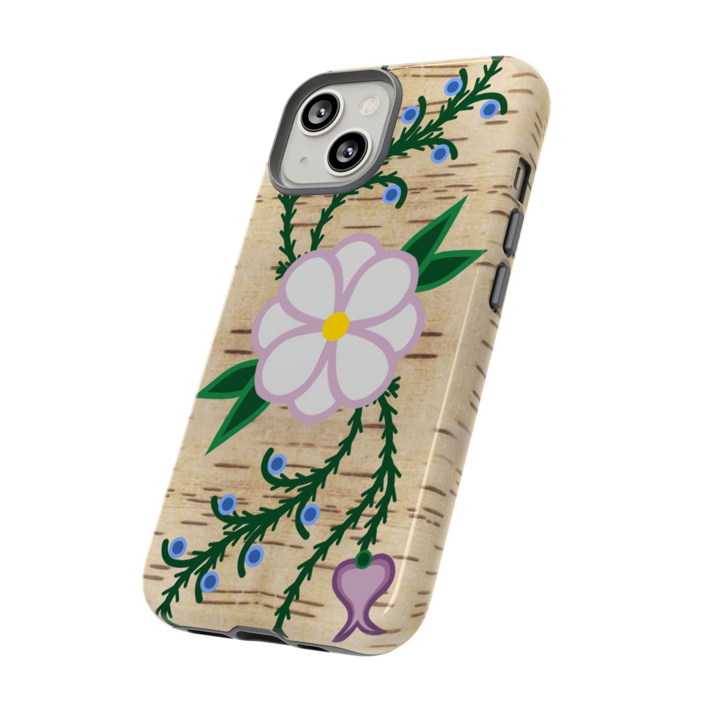 Birchbark Print Ojibwe Floral Tough Phone Cases - Black