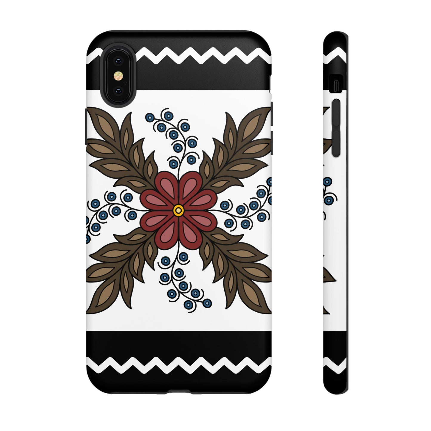 Traditional Style Ojibwe Floral Design With Zig-Zag Geometric Border Design - Tough Phone Cases - Black