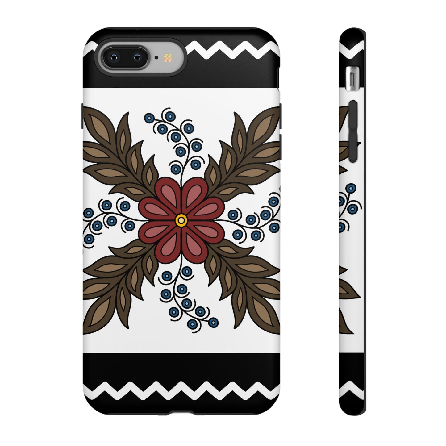 Traditional Style Ojibwe Floral Design With Zig-Zag Geometric Border Design - Tough Phone Cases - Black