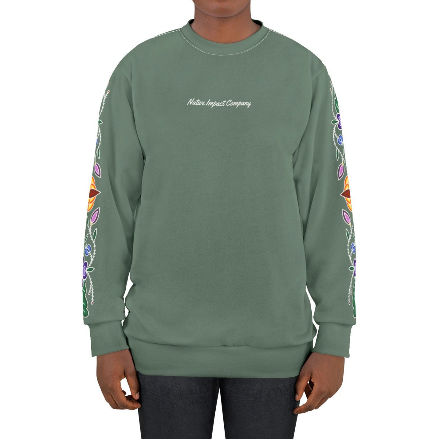 Niibin (Summer) Inspired Woodland Ojibwe Floral  Sleeve Design - Unisex Sweatshirt - Sage Green