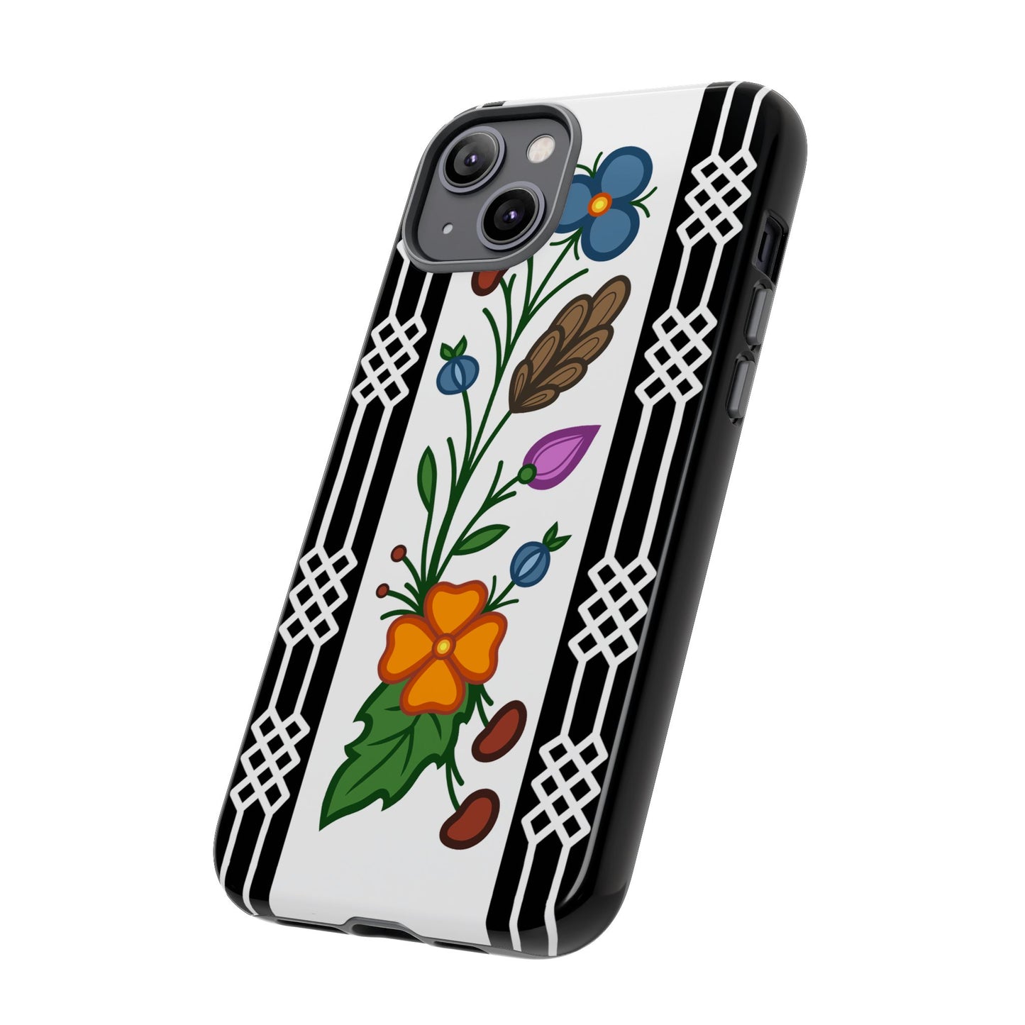 Ojibwe Floral Panel & Otter Track Geometric Border - Tough Phone Cases - Black