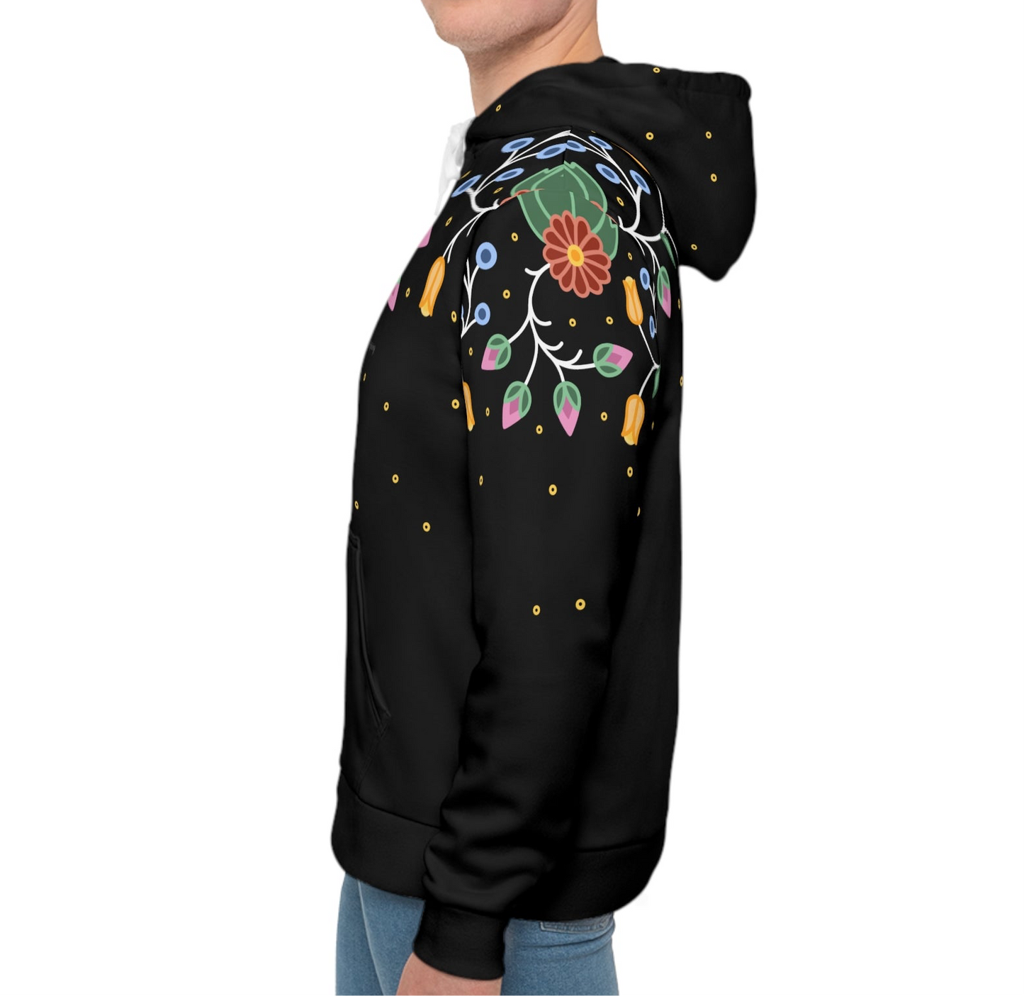 Traditional Style Ojibwe Florals & Sequins - All-Over-Print Hoodie - Black