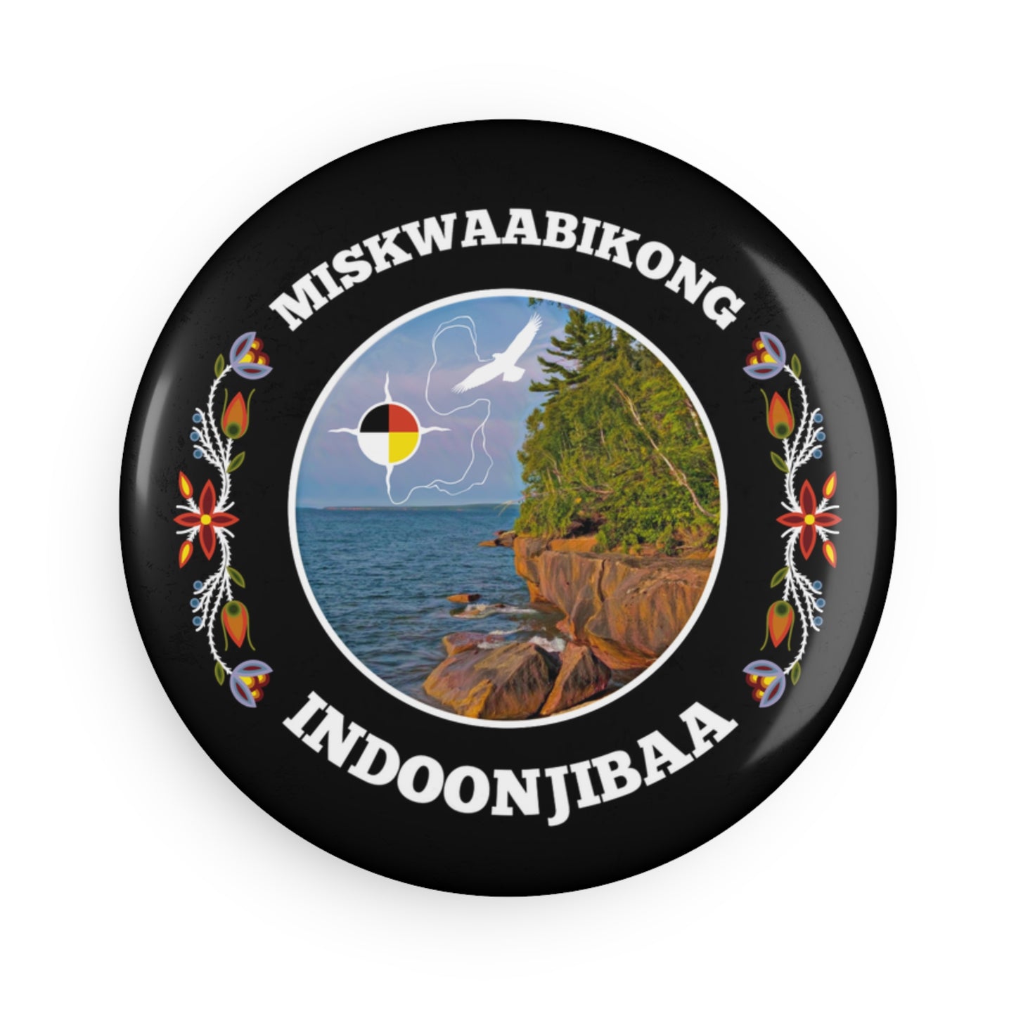 Red Cliff Shoreline & Ojibwe Florals - Button Magnet, Round (1 & 10 pcs)