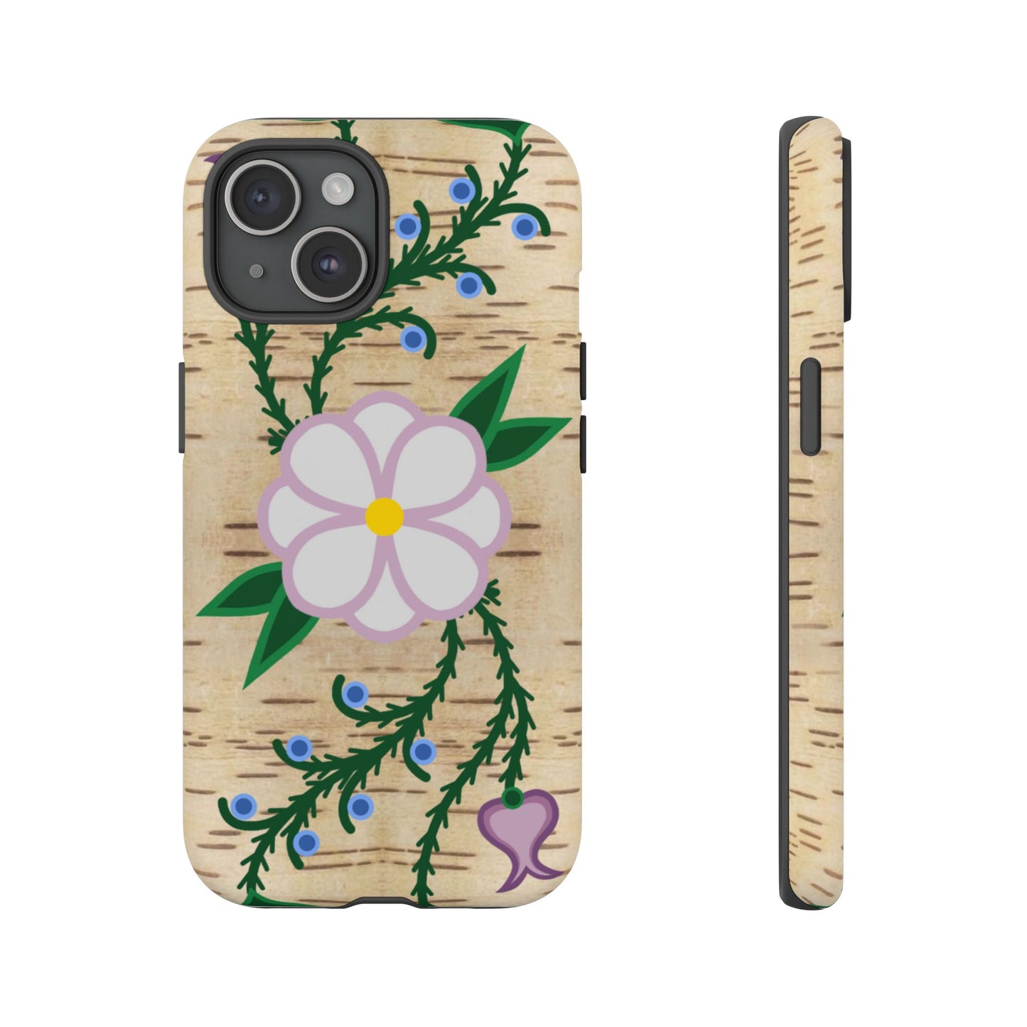 Birchbark Print Ojibwe Floral Tough Phone Cases - Black