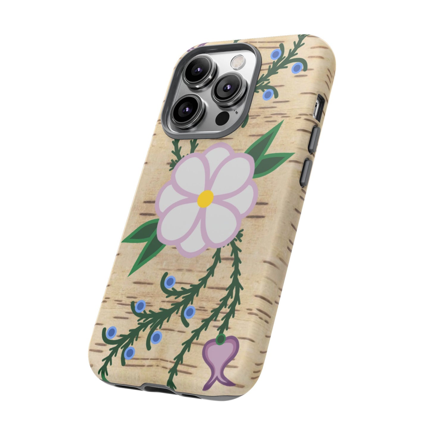 Birchbark Print Ojibwe Floral Tough Phone Cases - Black