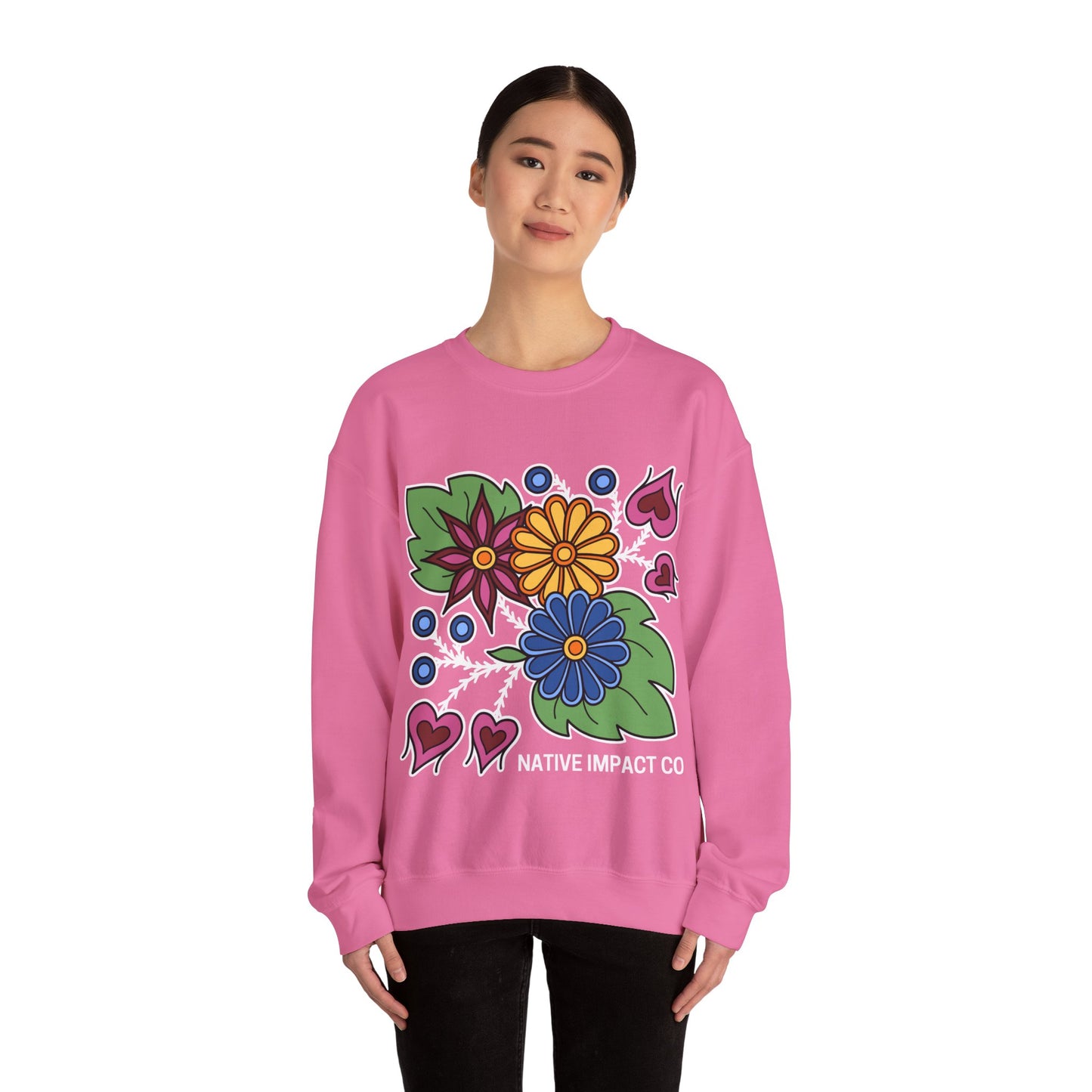 Hearts & Berries Contemporary Ojibwe Floral Design - Unisex Gildan Heavy Blend™ Crewneck Sweatshirt