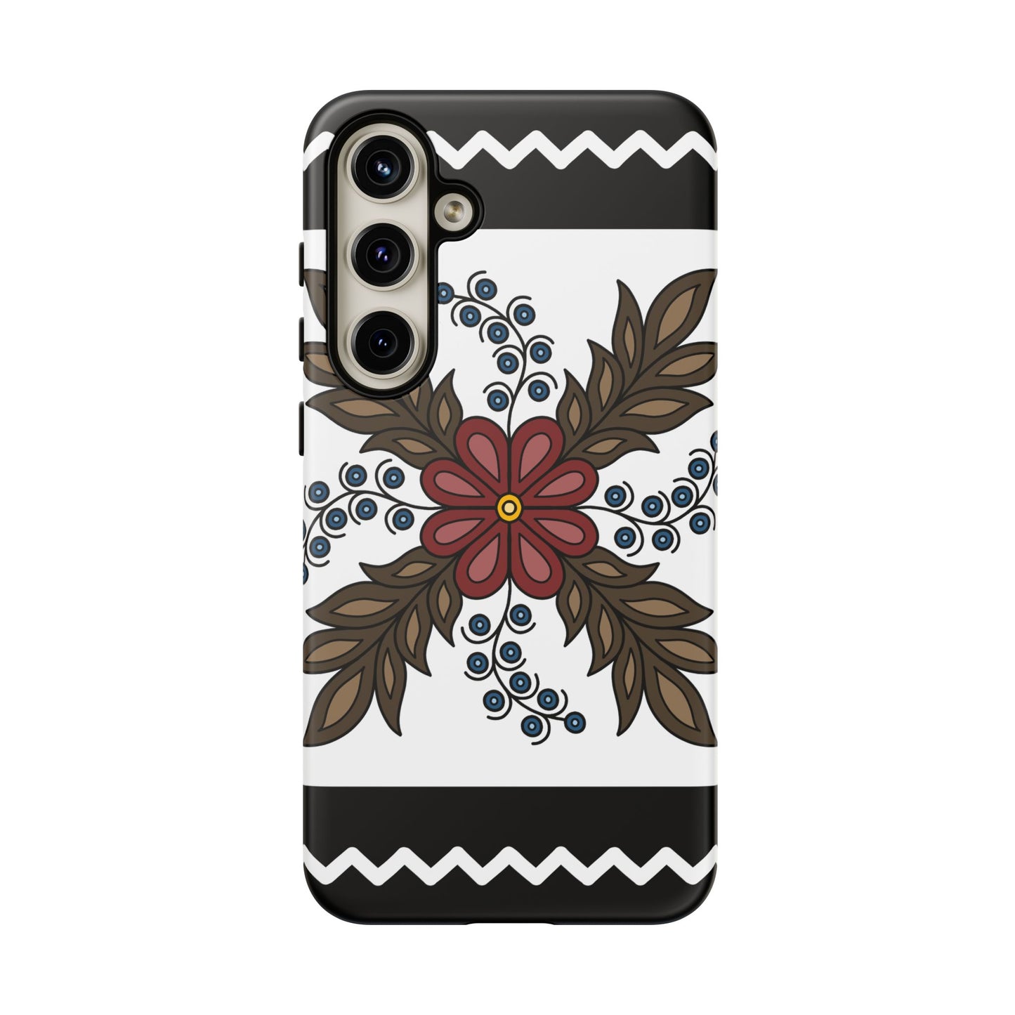 Traditional Style Ojibwe Floral Design With Zig-Zag Geometric Border Design - Tough Phone Cases - Black