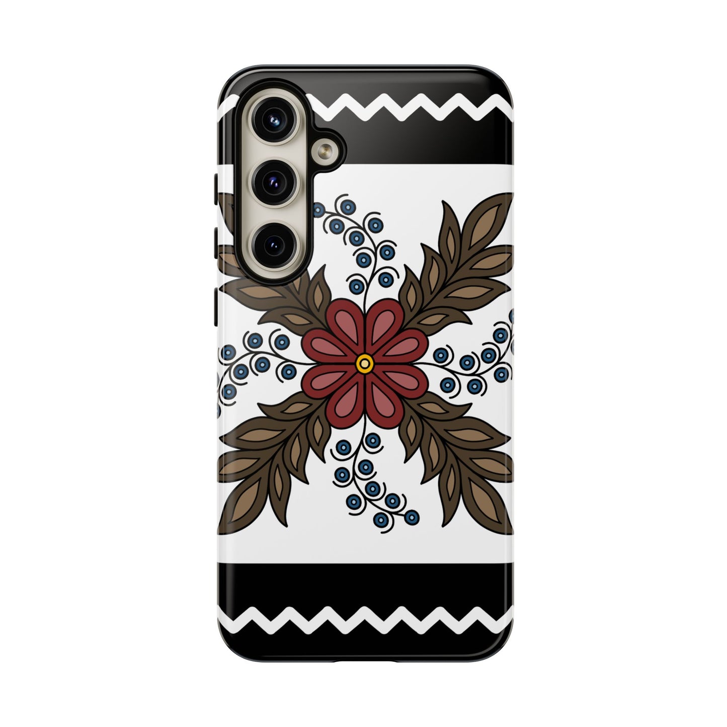 Traditional Style Ojibwe Floral Design With Zig-Zag Geometric Border Design - Tough Phone Cases - Black