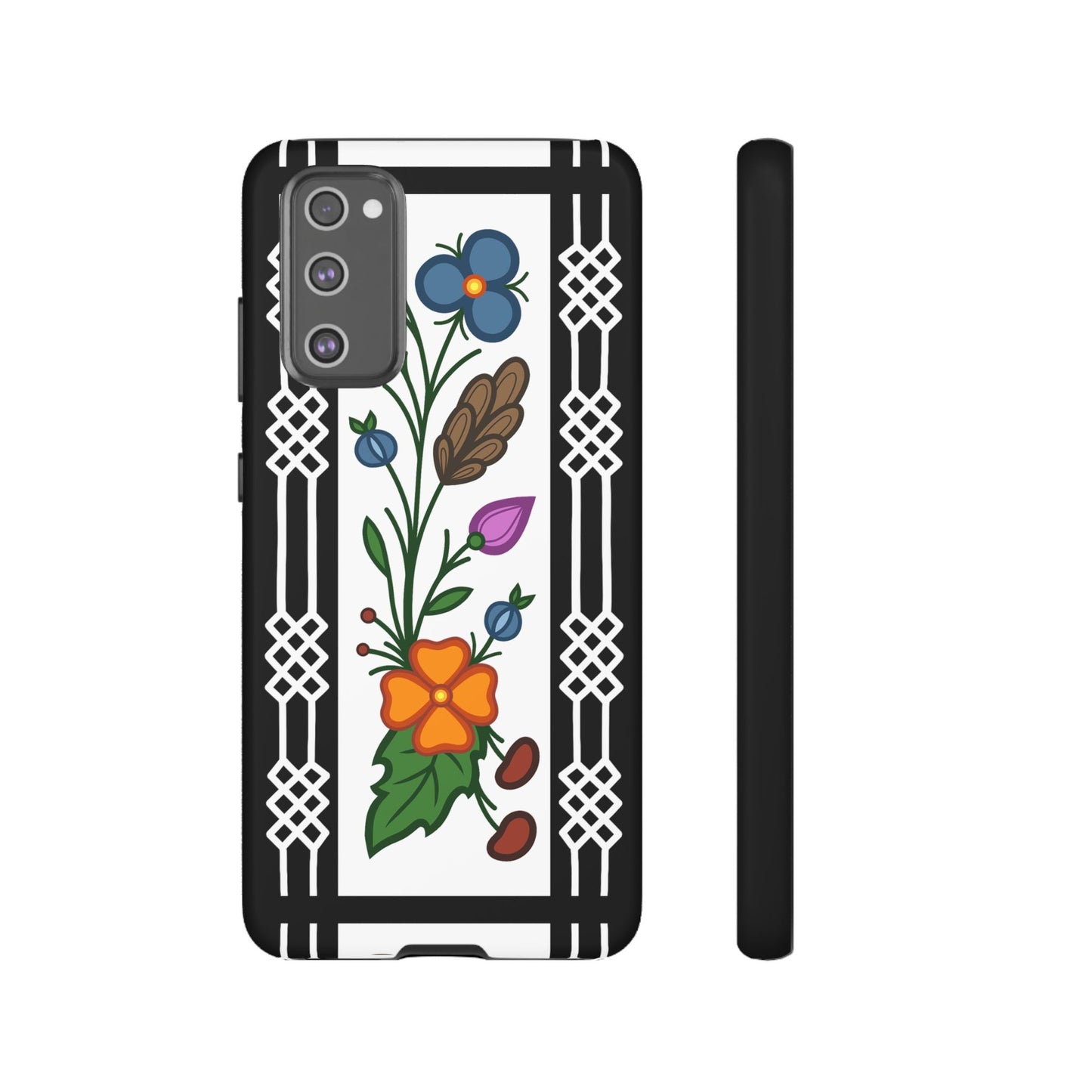 Ojibwe Floral Panel & Otter Track Geometric Border - Tough Phone Cases - Black