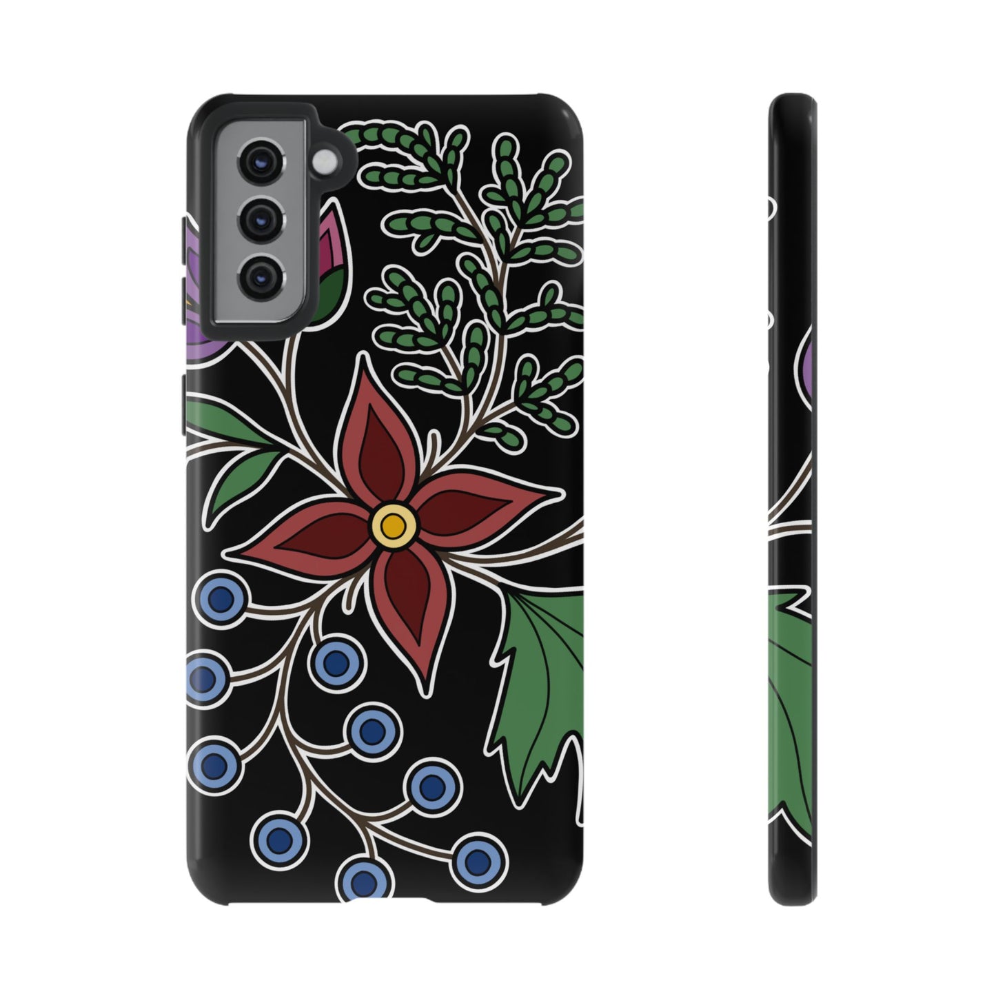 Giizhik (Cedar) & Miinan (Blueberries) Ojibwe Floral Tough Phone Cases - Black