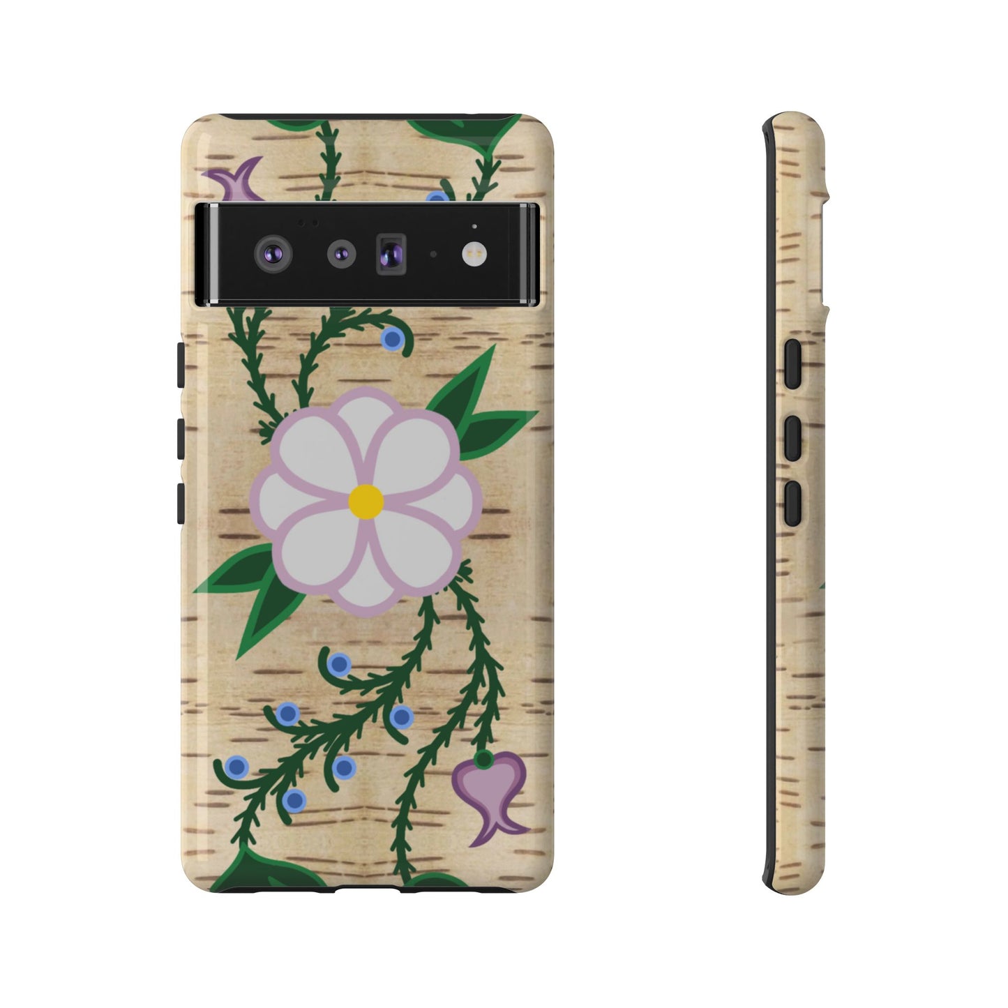 Birchbark Print Ojibwe Floral Tough Phone Cases - Black