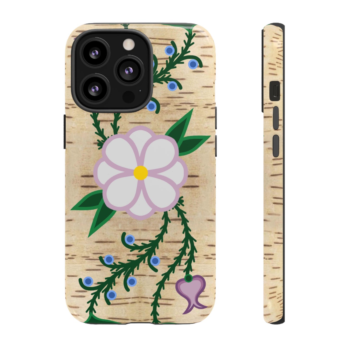 Birchbark Print Ojibwe Floral Tough Phone Cases - Black