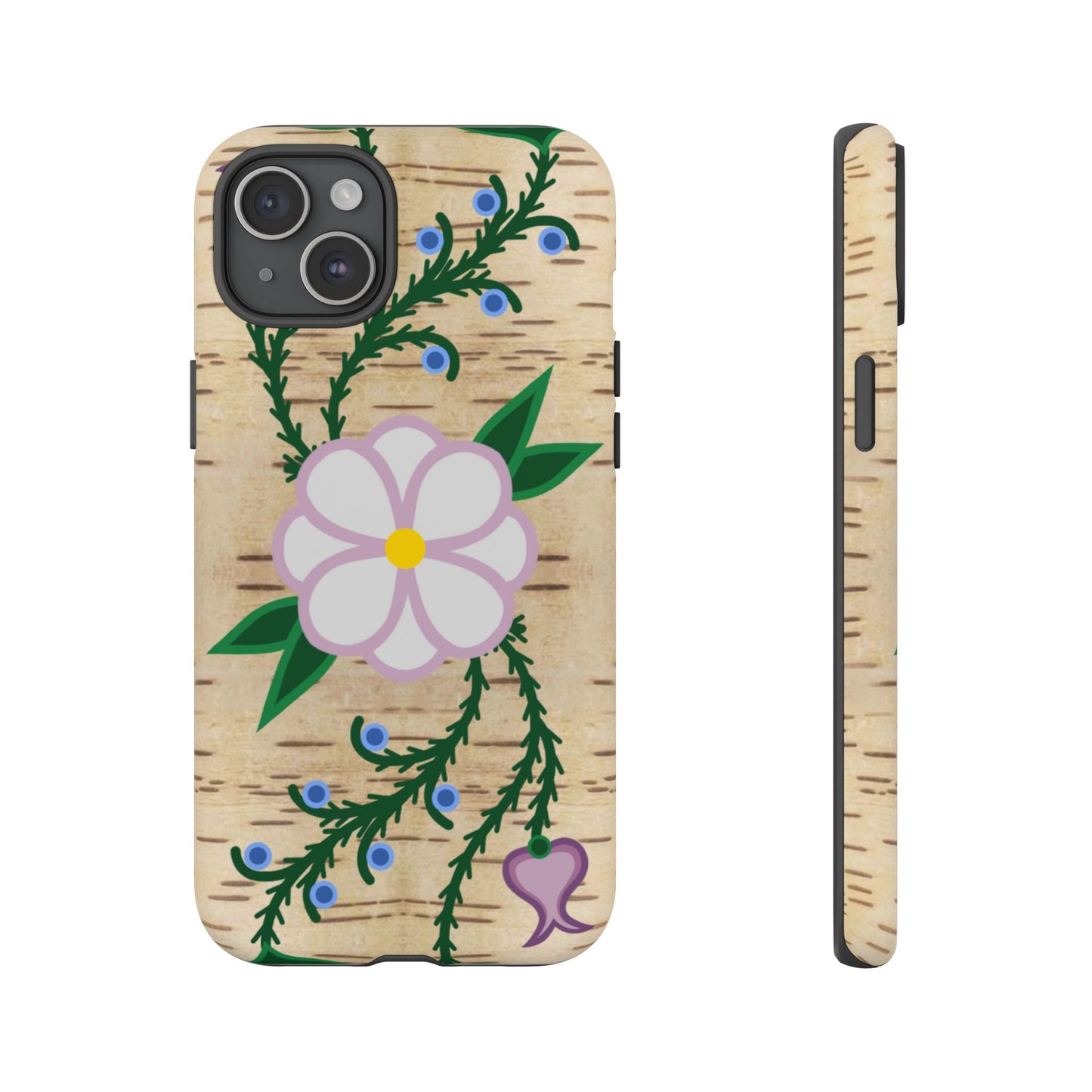 Birchbark Print Ojibwe Floral Tough Phone Cases - Black