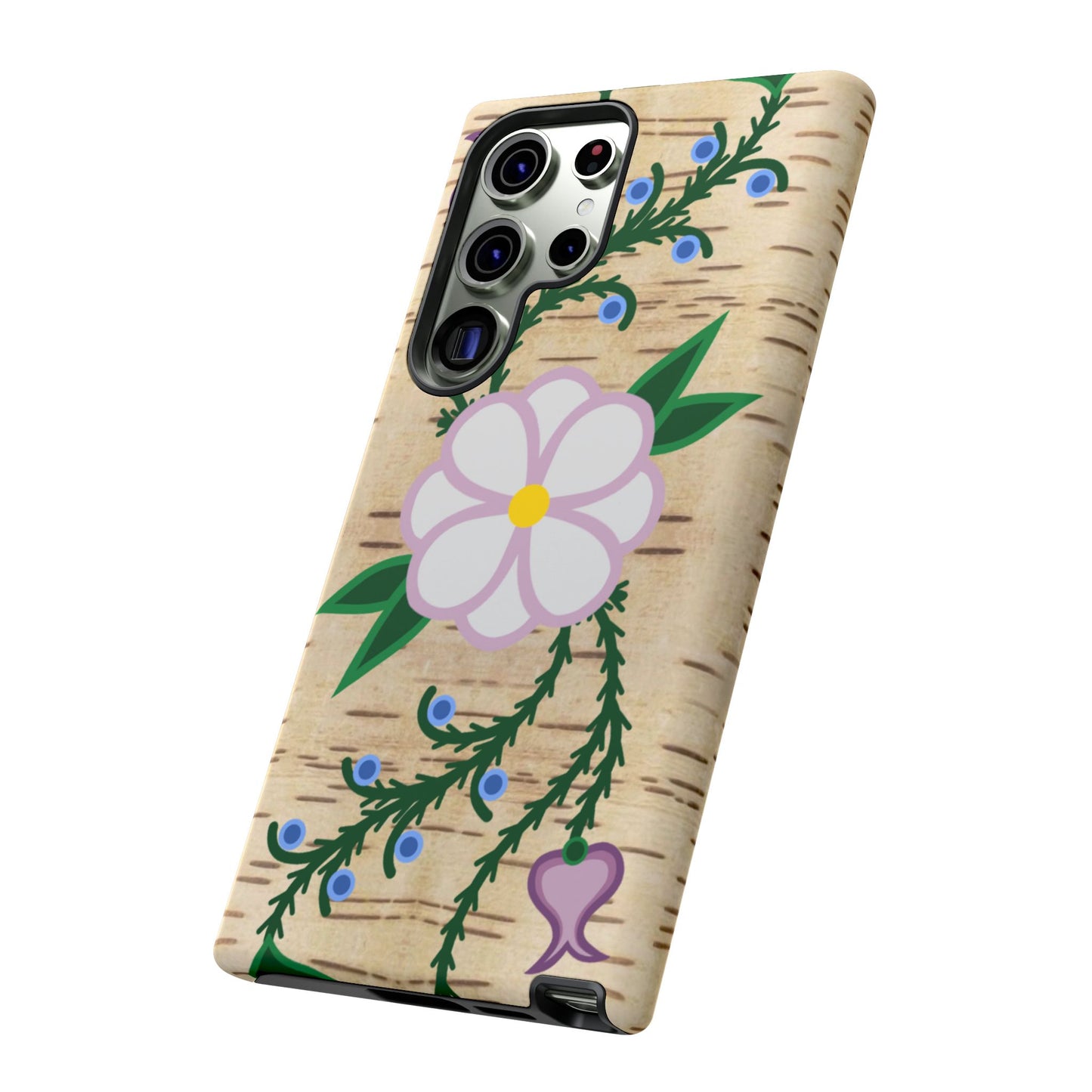 Birchbark Print Ojibwe Floral Tough Phone Cases - Black