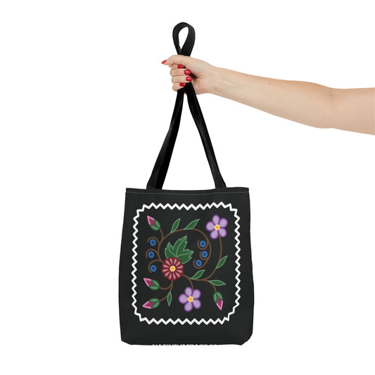 Woodland Style Ojibwe Floral Spiral Design - Tote Bag with Zig Zag Border Detail