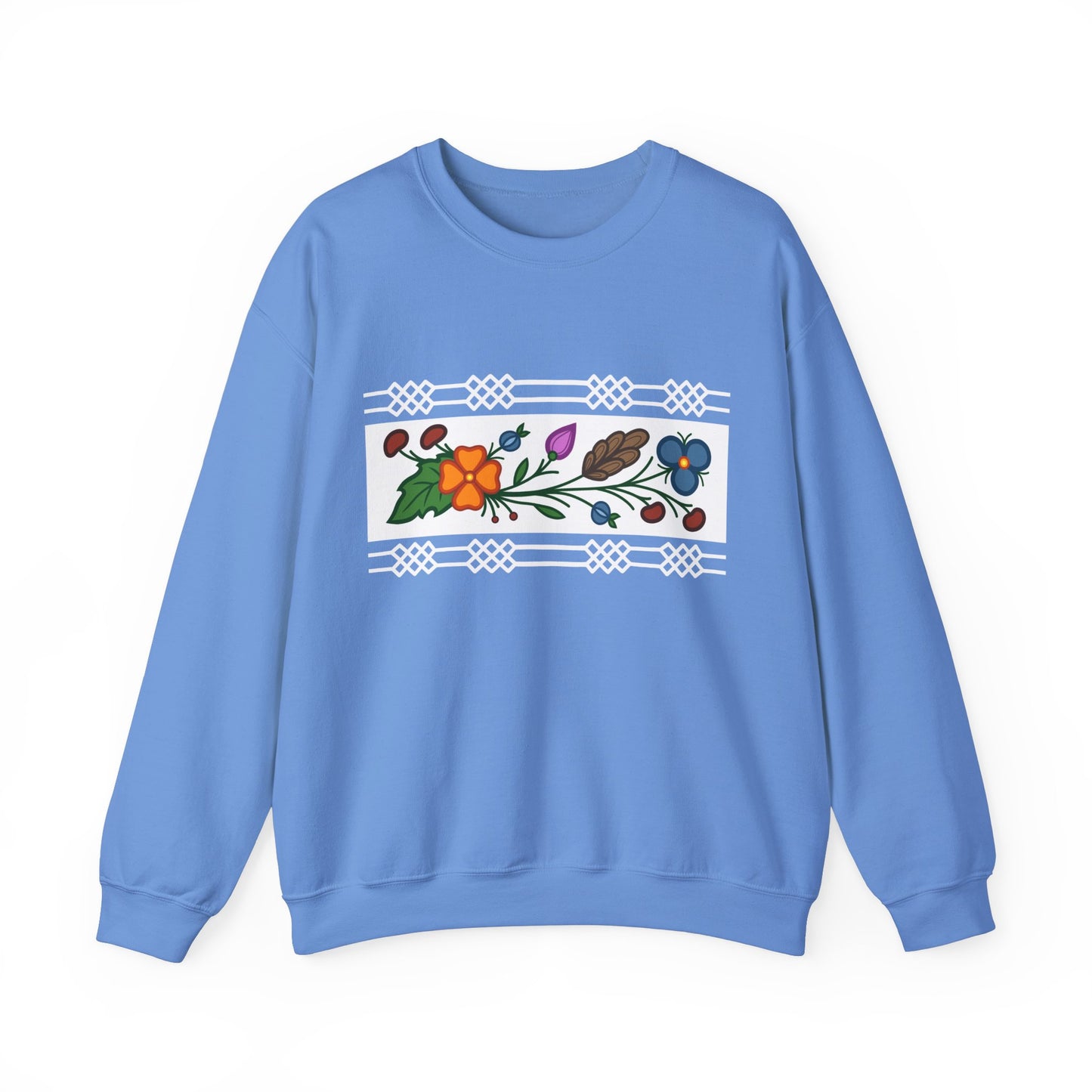 Ojibwe Floral Panel & Otter Track Border Design - Unisex Gildan Heavy Blend™ Crewneck Sweatshirt