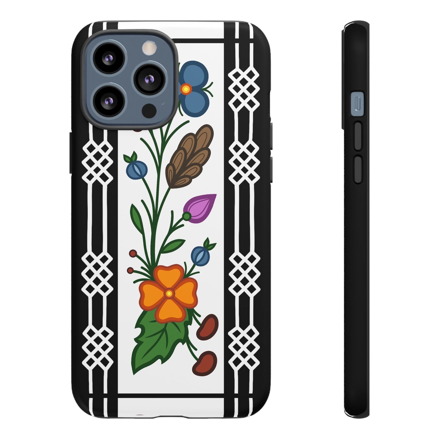 Ojibwe Floral Panel & Otter Track Geometric Border - Tough Phone Cases - Black