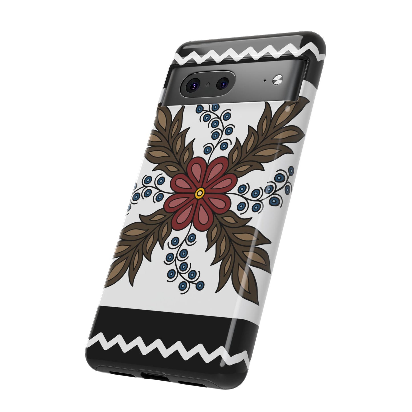 Traditional Style Ojibwe Floral Design With Zig-Zag Geometric Border Design - Tough Phone Cases - Black