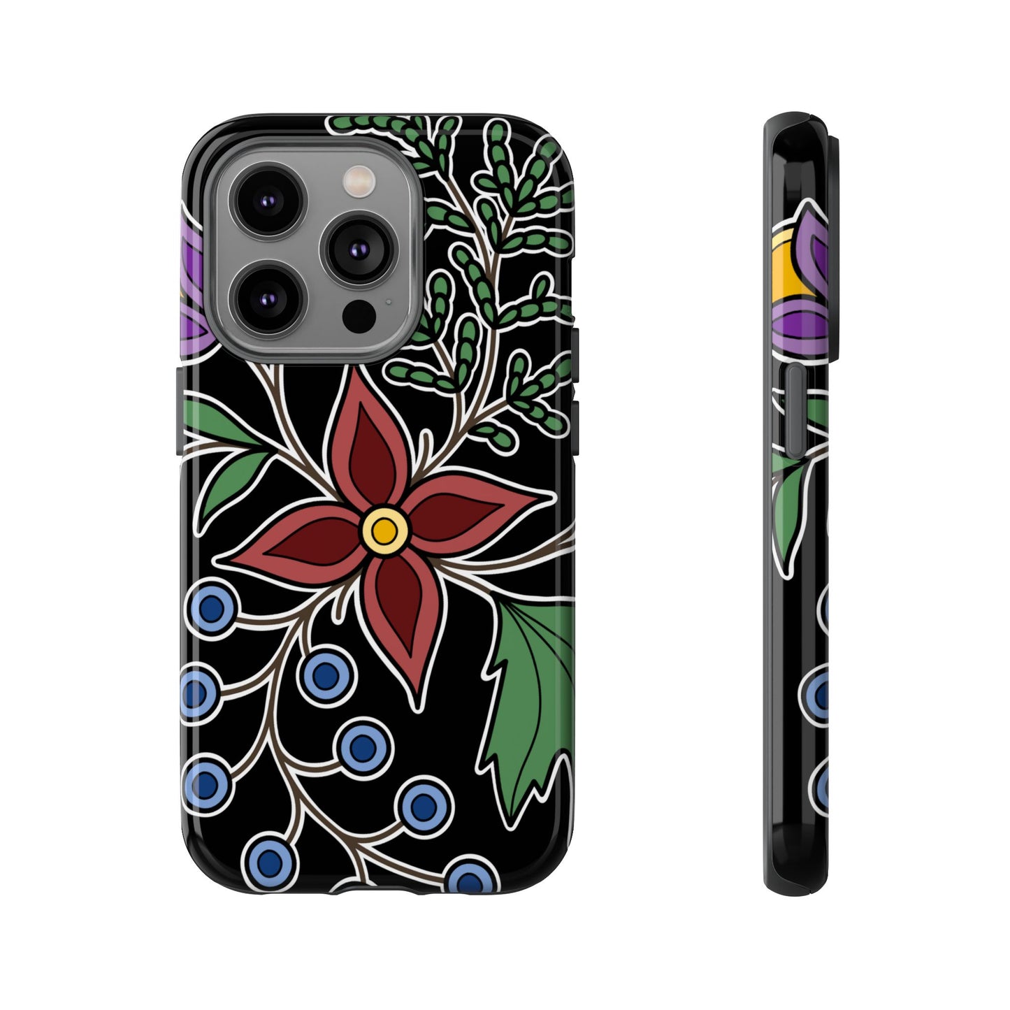 Giizhik (Cedar) & Miinan (Blueberries) Ojibwe Floral Tough Phone Cases - Black