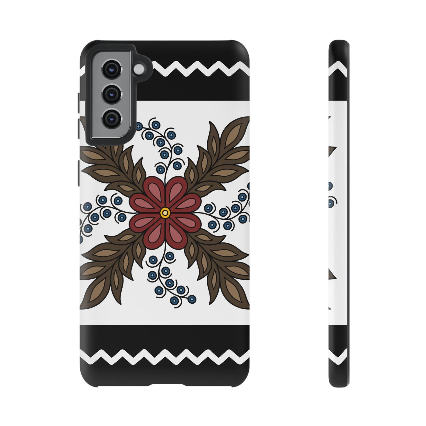 Traditional Style Ojibwe Floral Design With Zig-Zag Geometric Border Design - Tough Phone Cases - Black