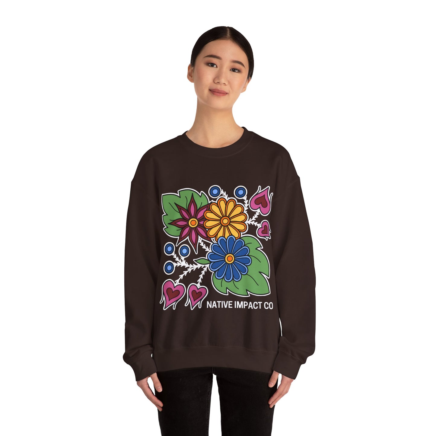 Hearts & Berries Contemporary Ojibwe Floral Design - Unisex Gildan Heavy Blend™ Crewneck Sweatshirt