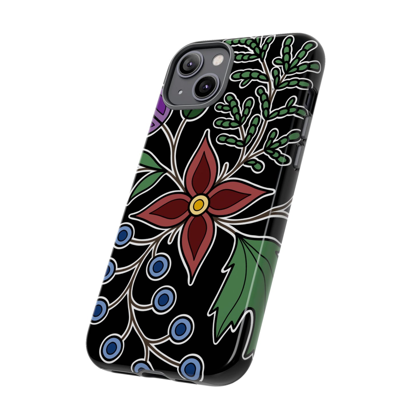 Giizhik (Cedar) & Miinan (Blueberries) Ojibwe Floral Tough Phone Cases - Black