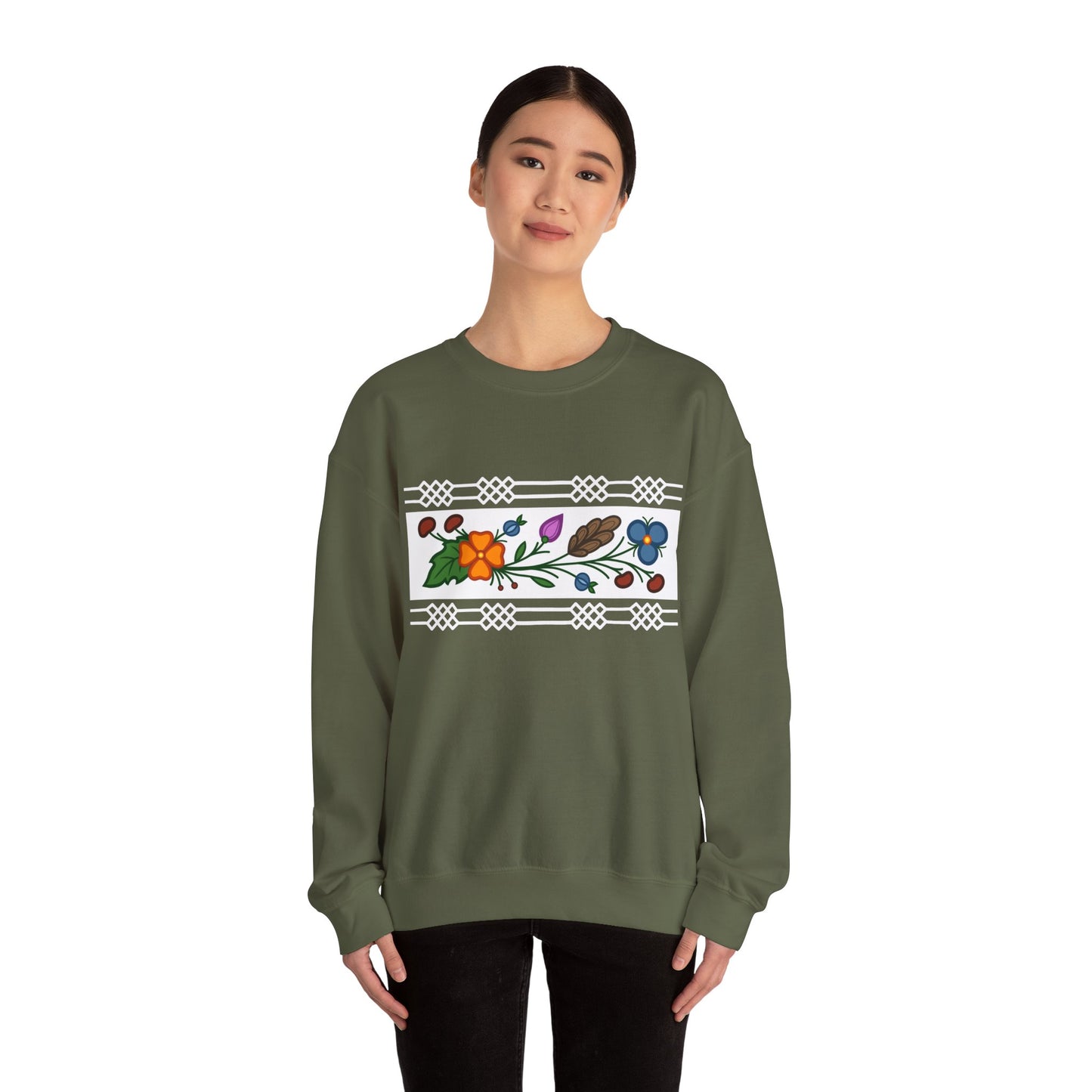 Ojibwe Floral Panel & Otter Track Border Design - Unisex Gildan Heavy Blend™ Crewneck Sweatshirt