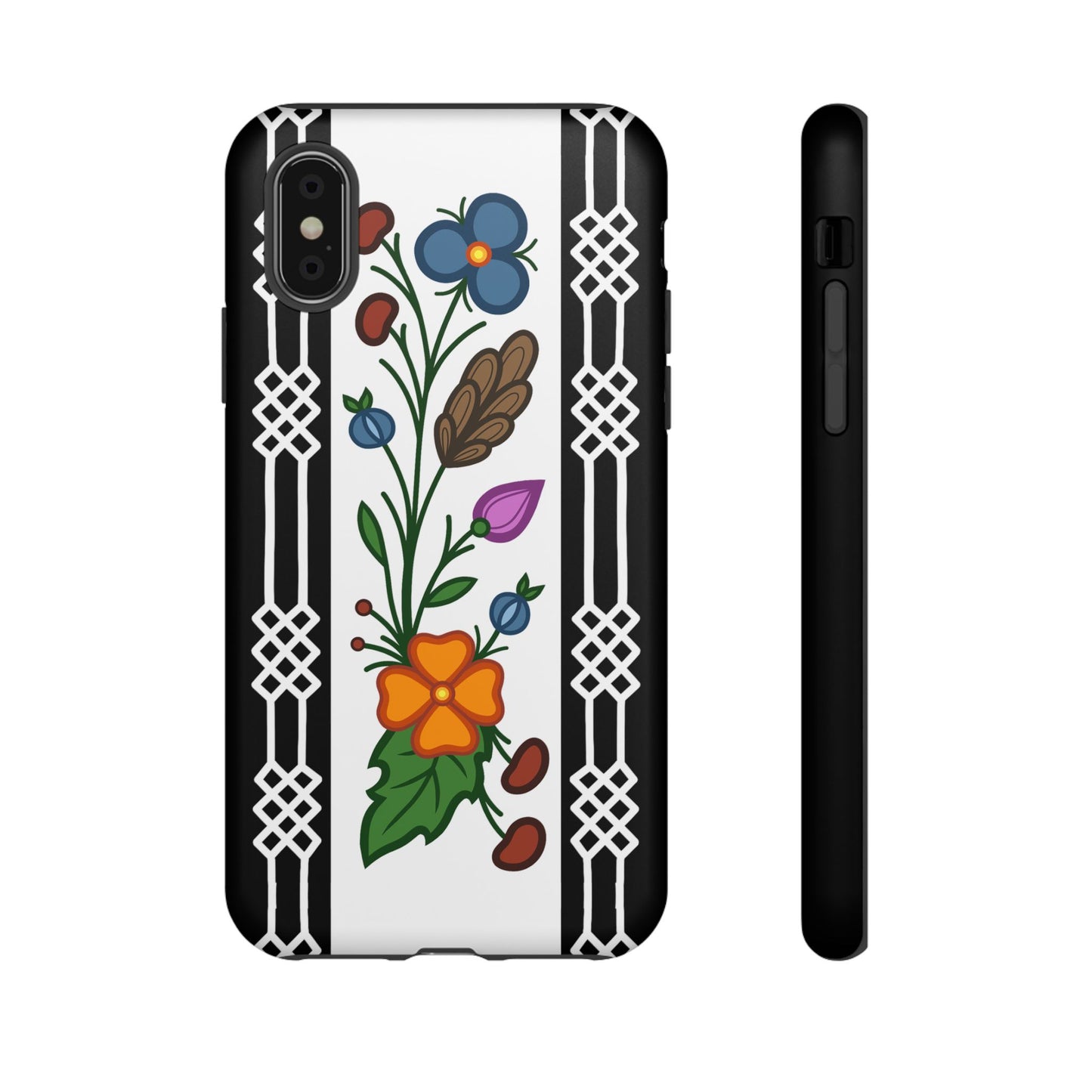 Ojibwe Floral Panel & Otter Track Geometric Border - Tough Phone Cases - Black