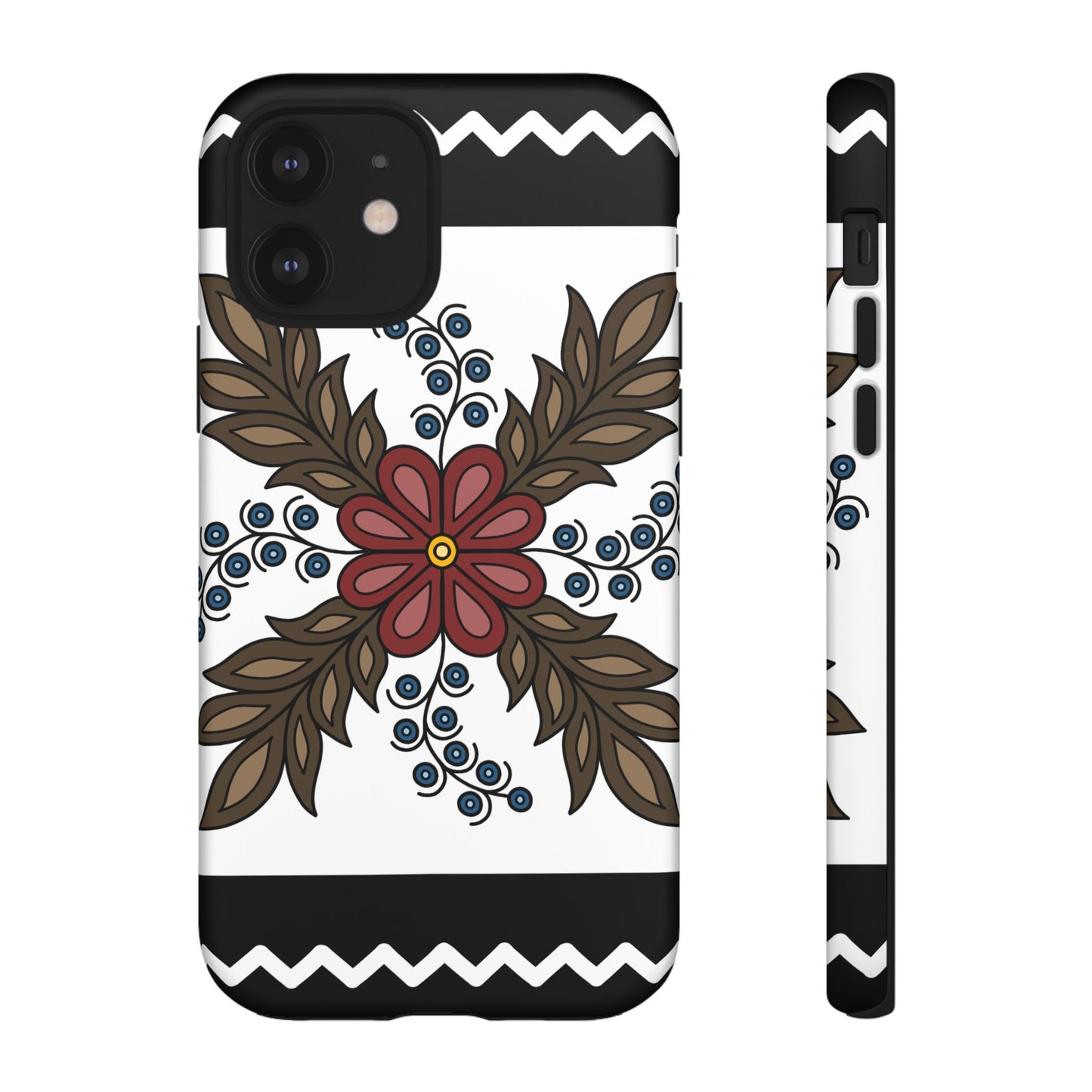 Traditional Style Ojibwe Floral Design With Zig-Zag Geometric Border Design - Tough Phone Cases - Black