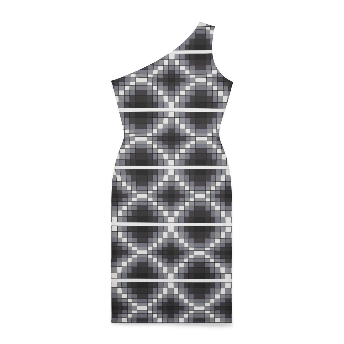 Geometric Print - Classy One Shoulder Strap Dress - Black & Gray