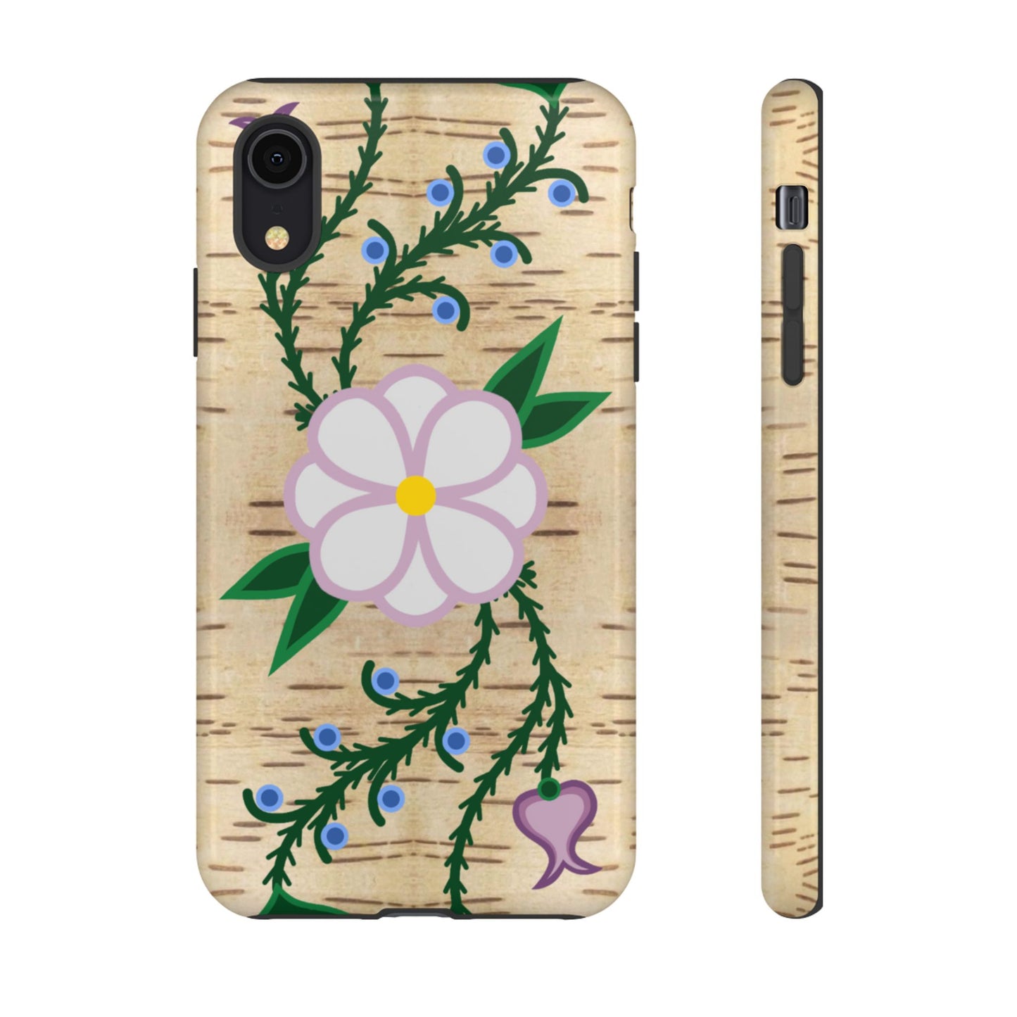 Birchbark Print Ojibwe Floral Tough Phone Cases - Black