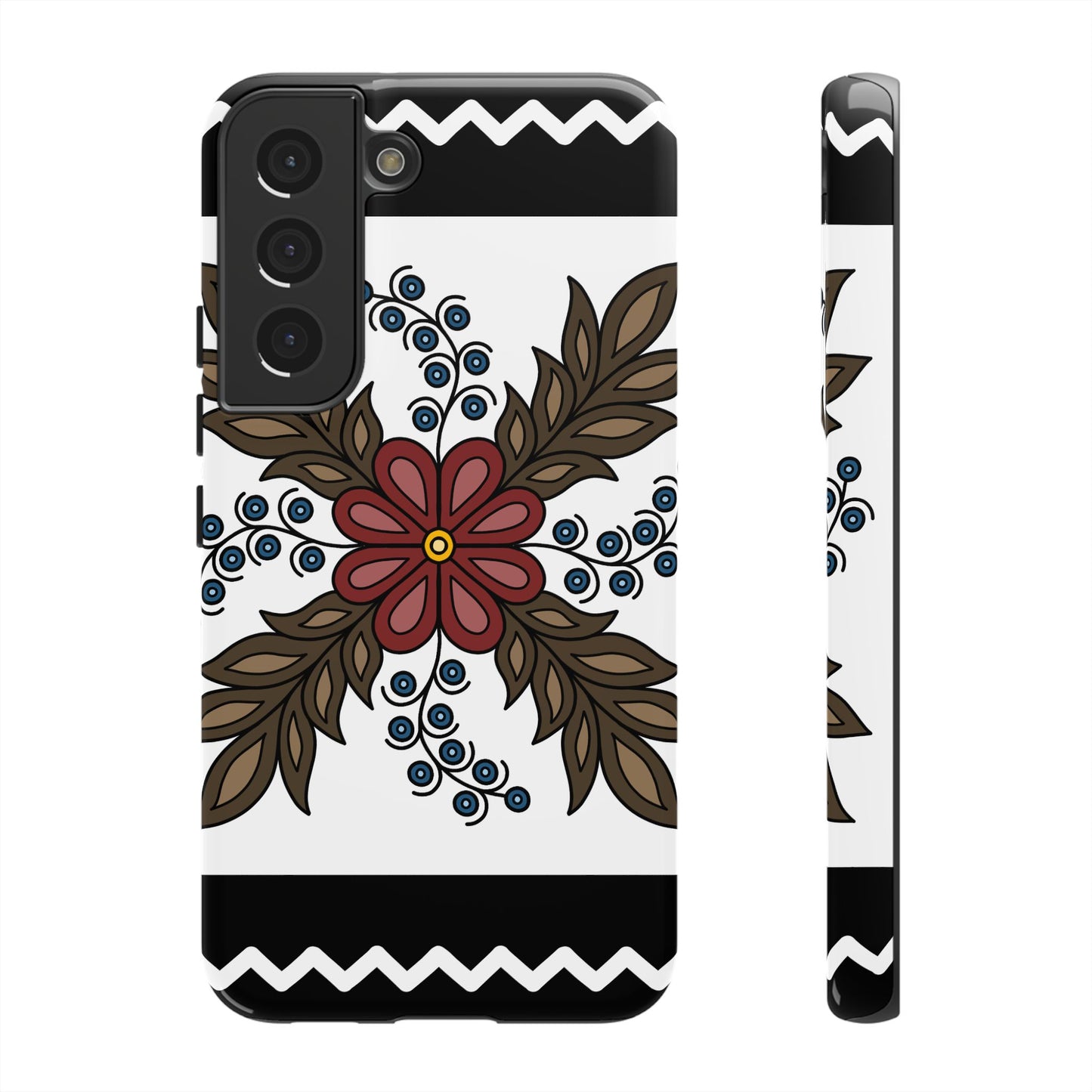 Traditional Style Ojibwe Floral Design With Zig-Zag Geometric Border Design - Tough Phone Cases - Black