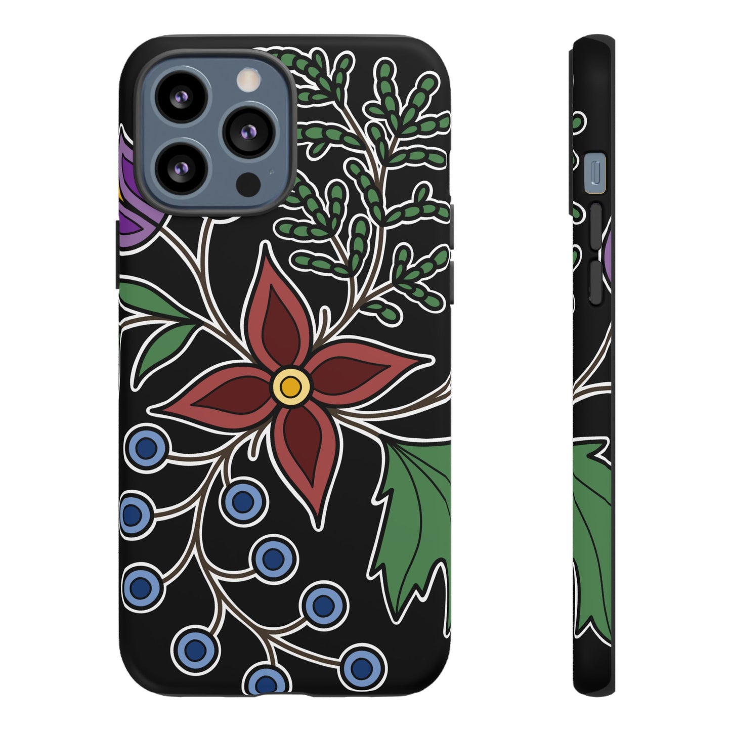 Giizhik (Cedar) & Miinan (Blueberries) Ojibwe Floral Tough Phone Cases - Black