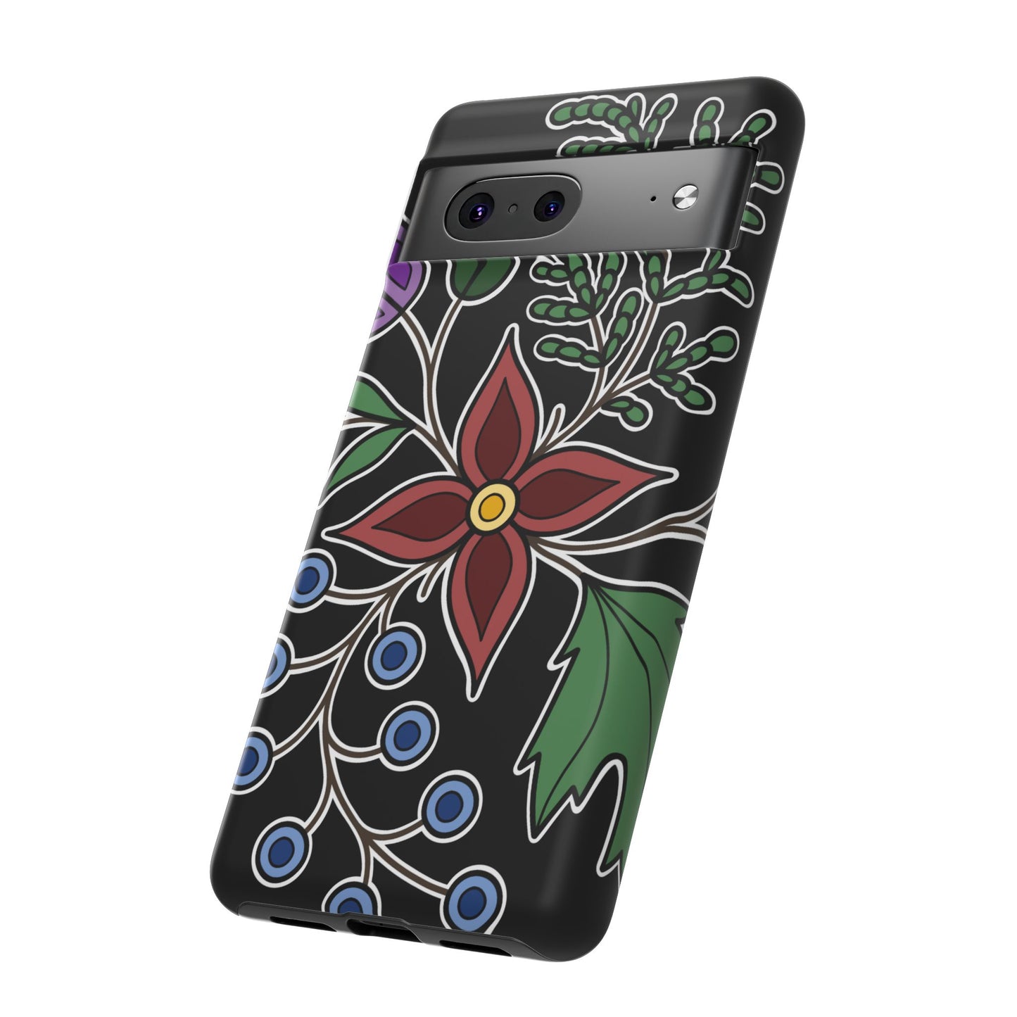 Giizhik (Cedar) & Miinan (Blueberries) Ojibwe Floral Tough Phone Cases - Black