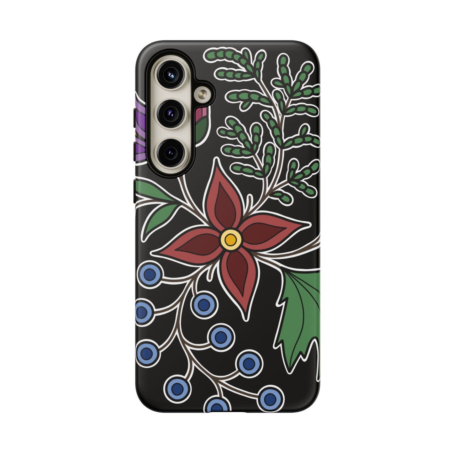 Giizhik (Cedar) & Miinan (Blueberries) Ojibwe Floral Tough Phone Cases - Black