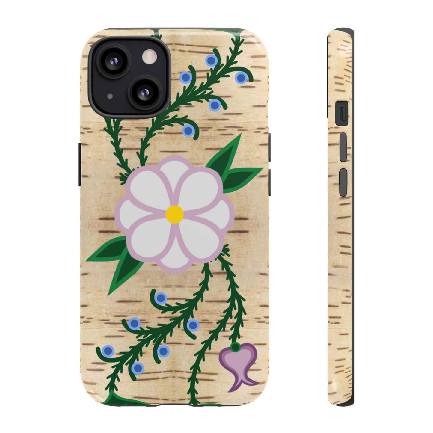 Birchbark Print Ojibwe Floral Tough Phone Cases - Black