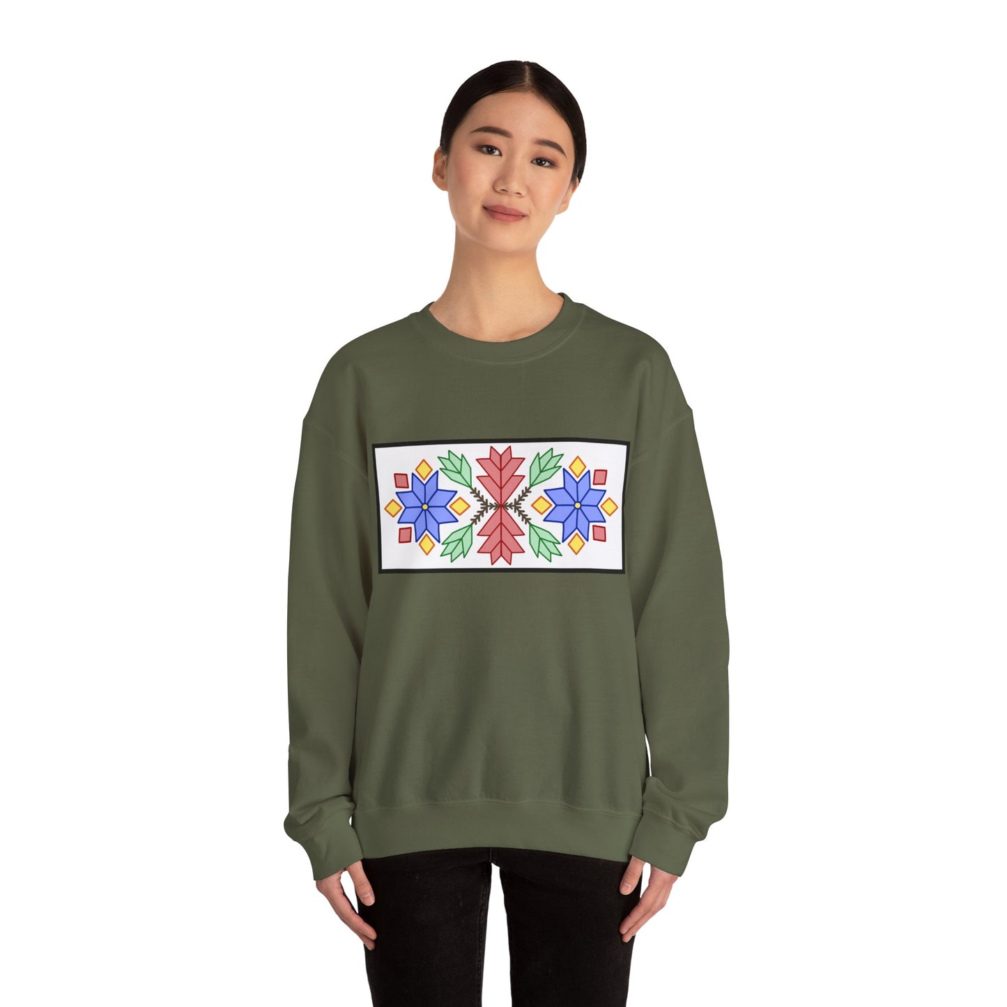 Loom Beadwork Inspired Geometric Ojibwe Floral Design - Unisex Gildan Heavy Blend™ Crewneck Sweatshirt