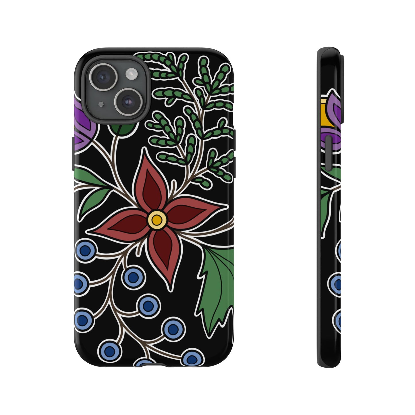 Giizhik (Cedar) & Miinan (Blueberries) Ojibwe Floral Tough Phone Cases - Black