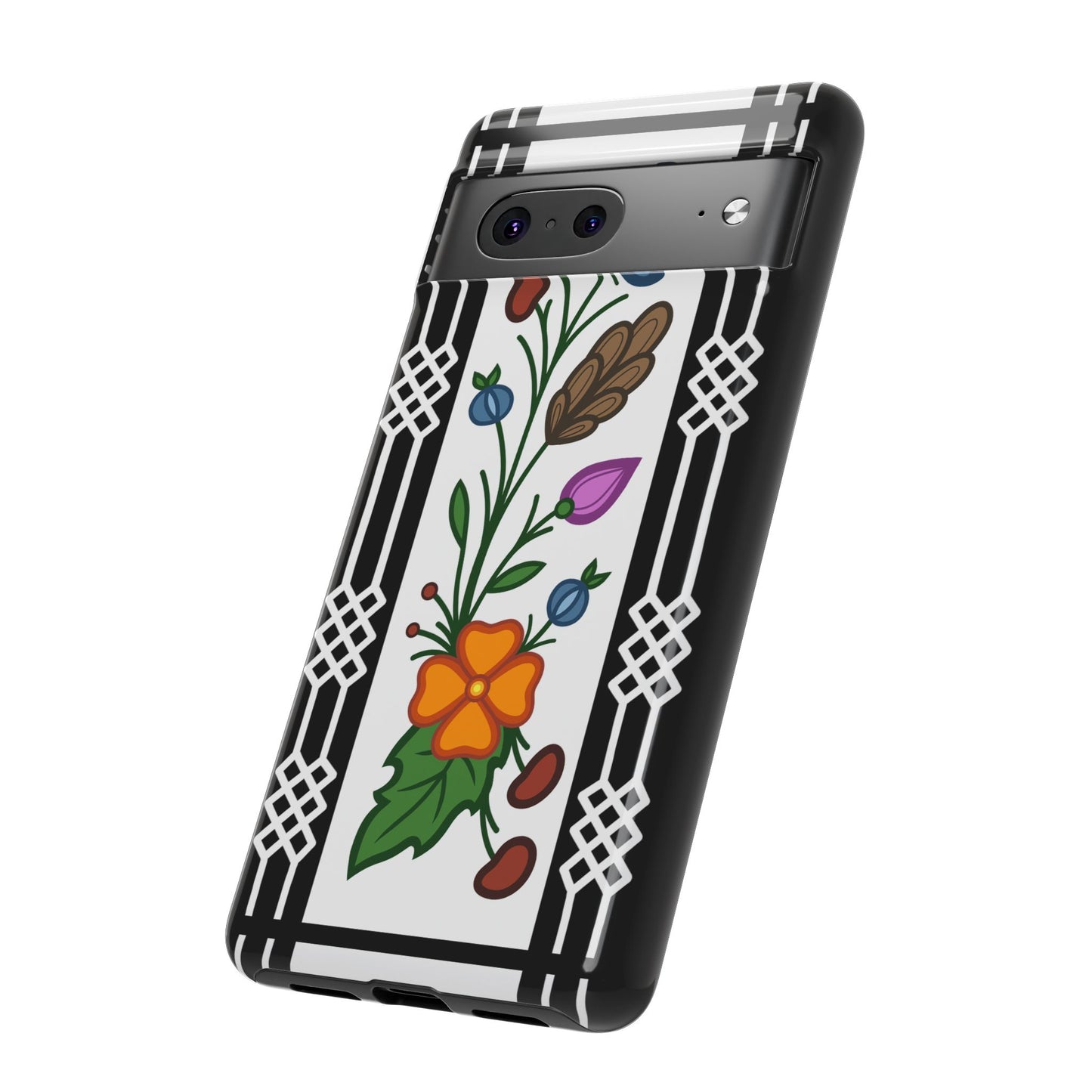 Ojibwe Floral Panel & Otter Track Geometric Border - Tough Phone Cases - Black