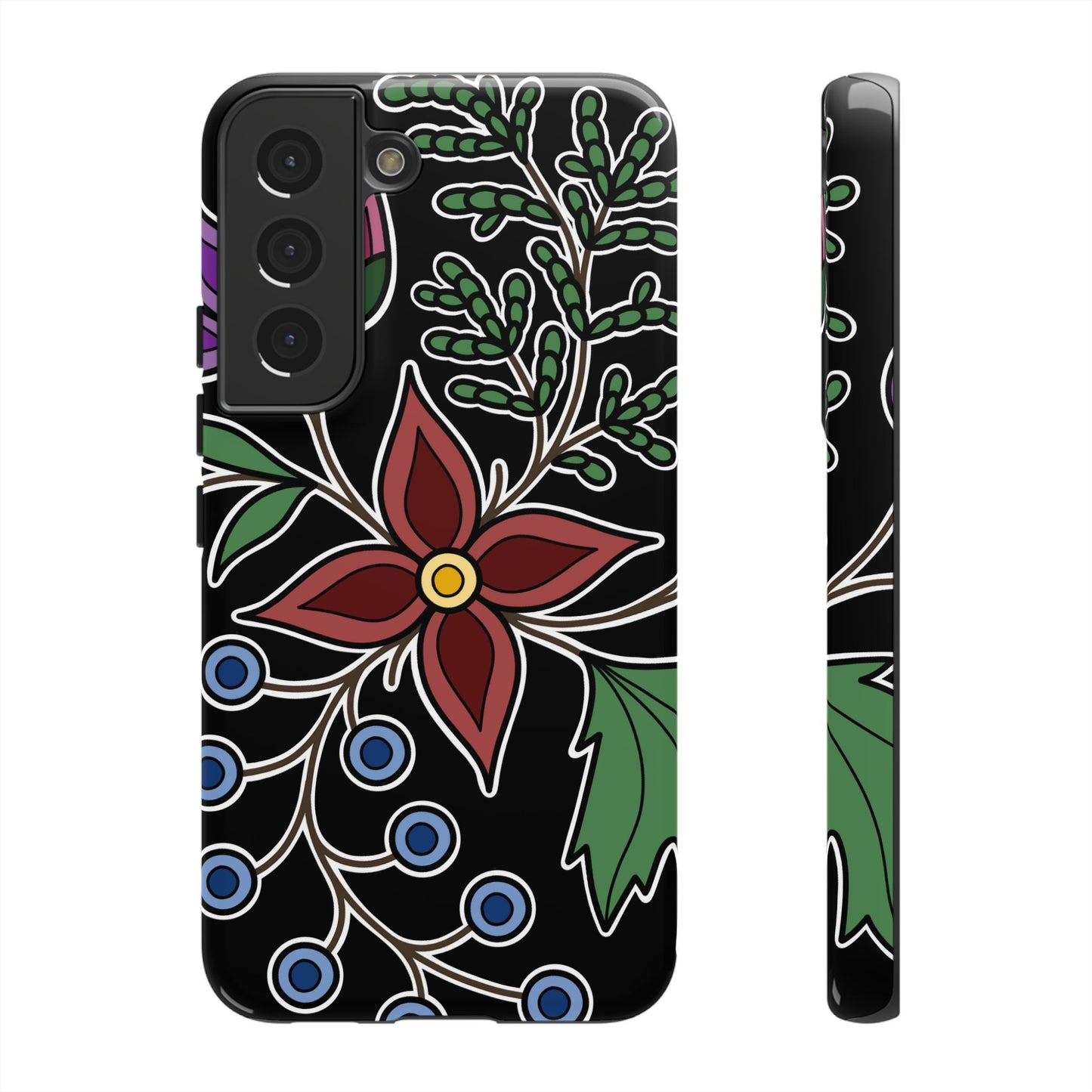 Giizhik (Cedar) & Miinan (Blueberries) Ojibwe Floral Tough Phone Cases - Black