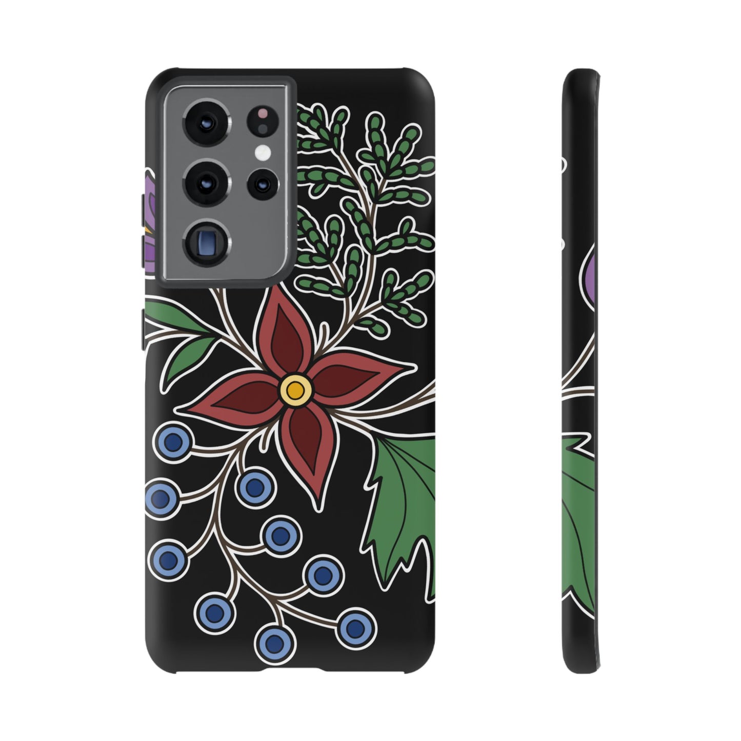 Giizhik (Cedar) & Miinan (Blueberries) Ojibwe Floral Tough Phone Cases - Black