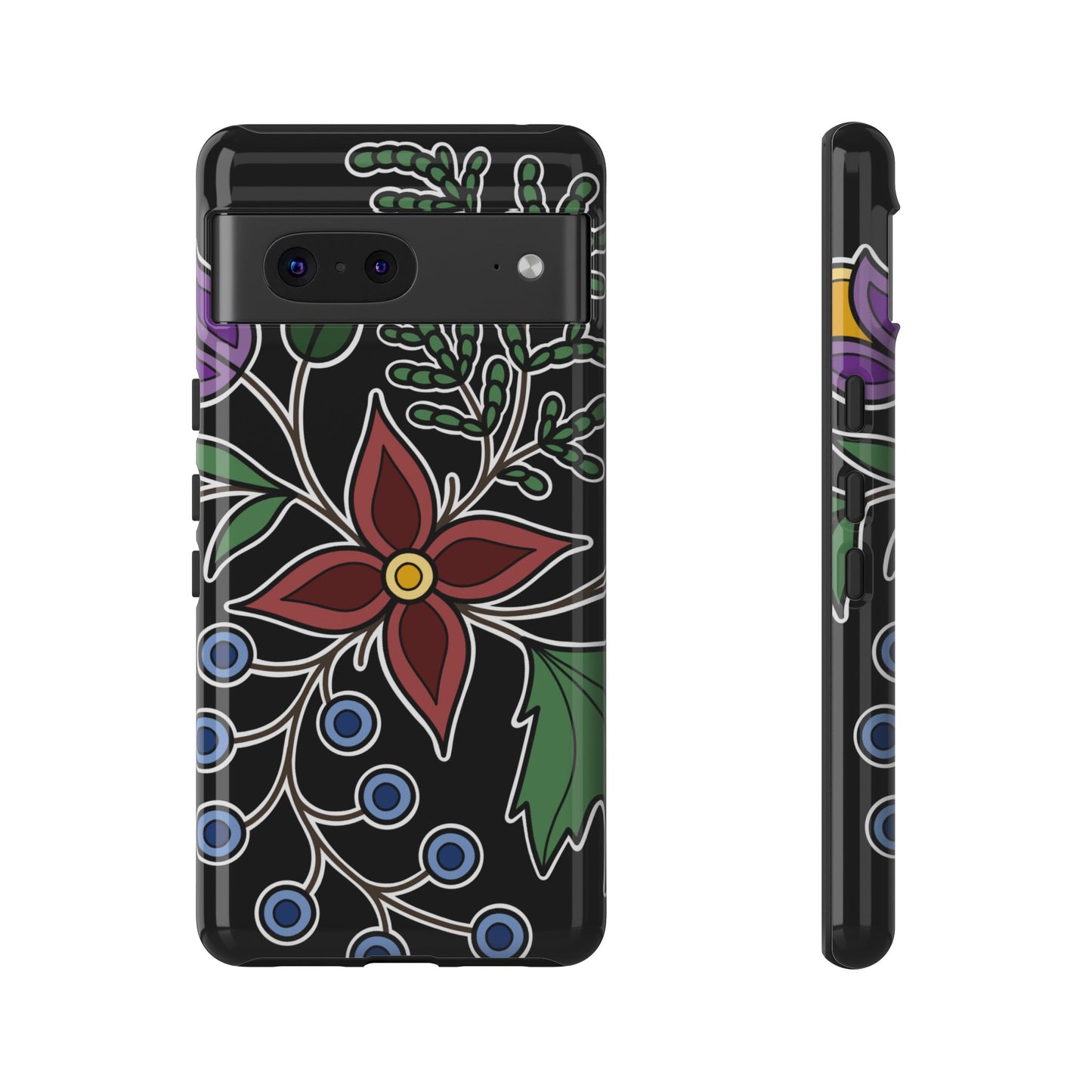 Giizhik (Cedar) & Miinan (Blueberries) Ojibwe Floral Tough Phone Cases - Black